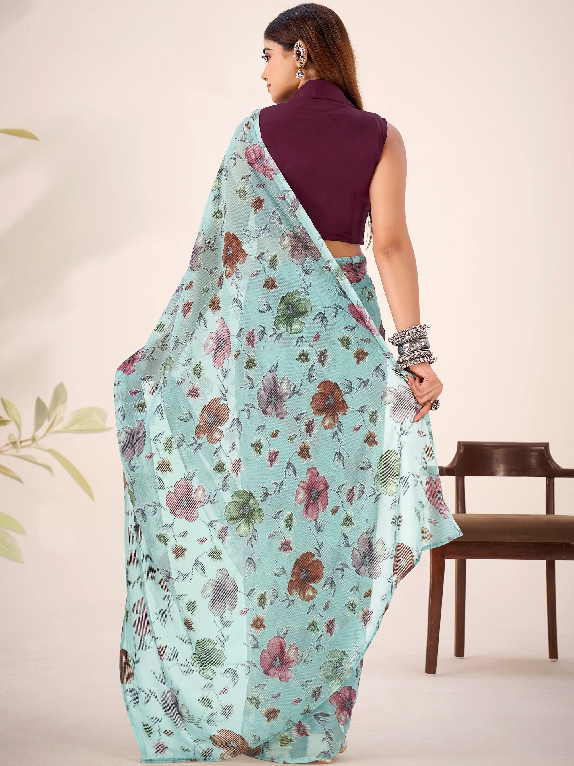 Sea Green Georgette Floral Printed Party Wear Saree With Blouse