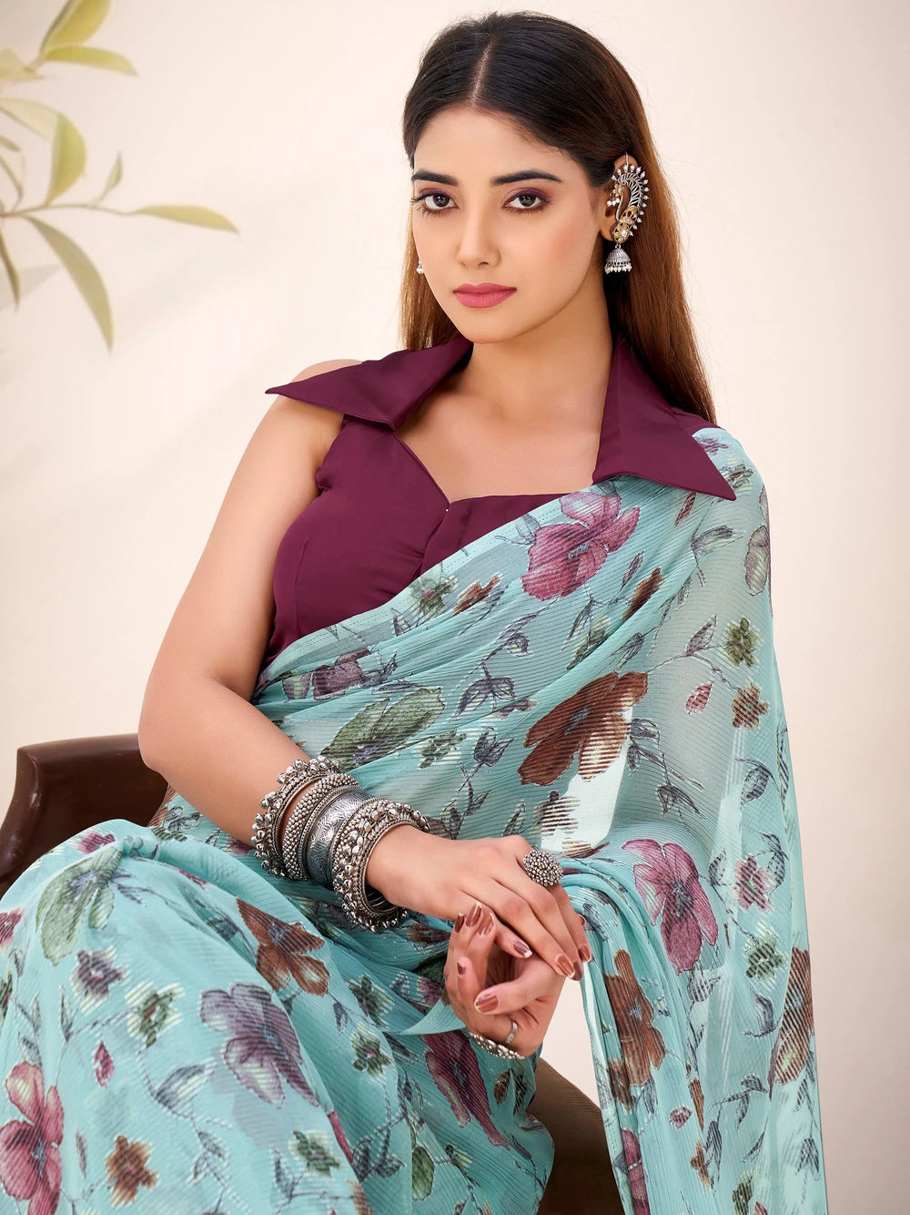 Sea Green Georgette Floral Printed Party Wear Saree With Blouse