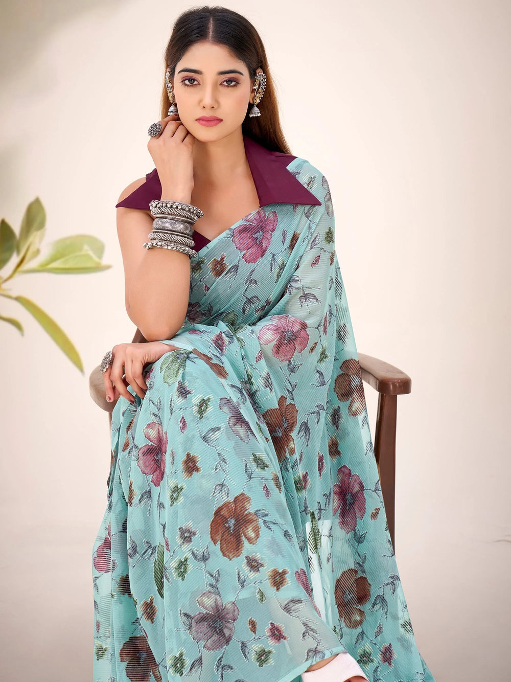 Sea Green Georgette Floral Printed Party Wear Saree With Blouse
