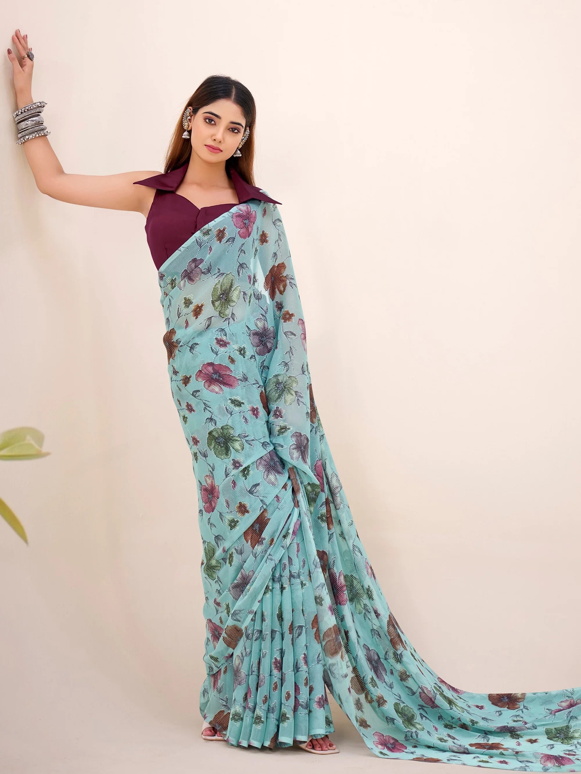 Sea Green Georgette Floral Printed Party Wear Saree With Blouse