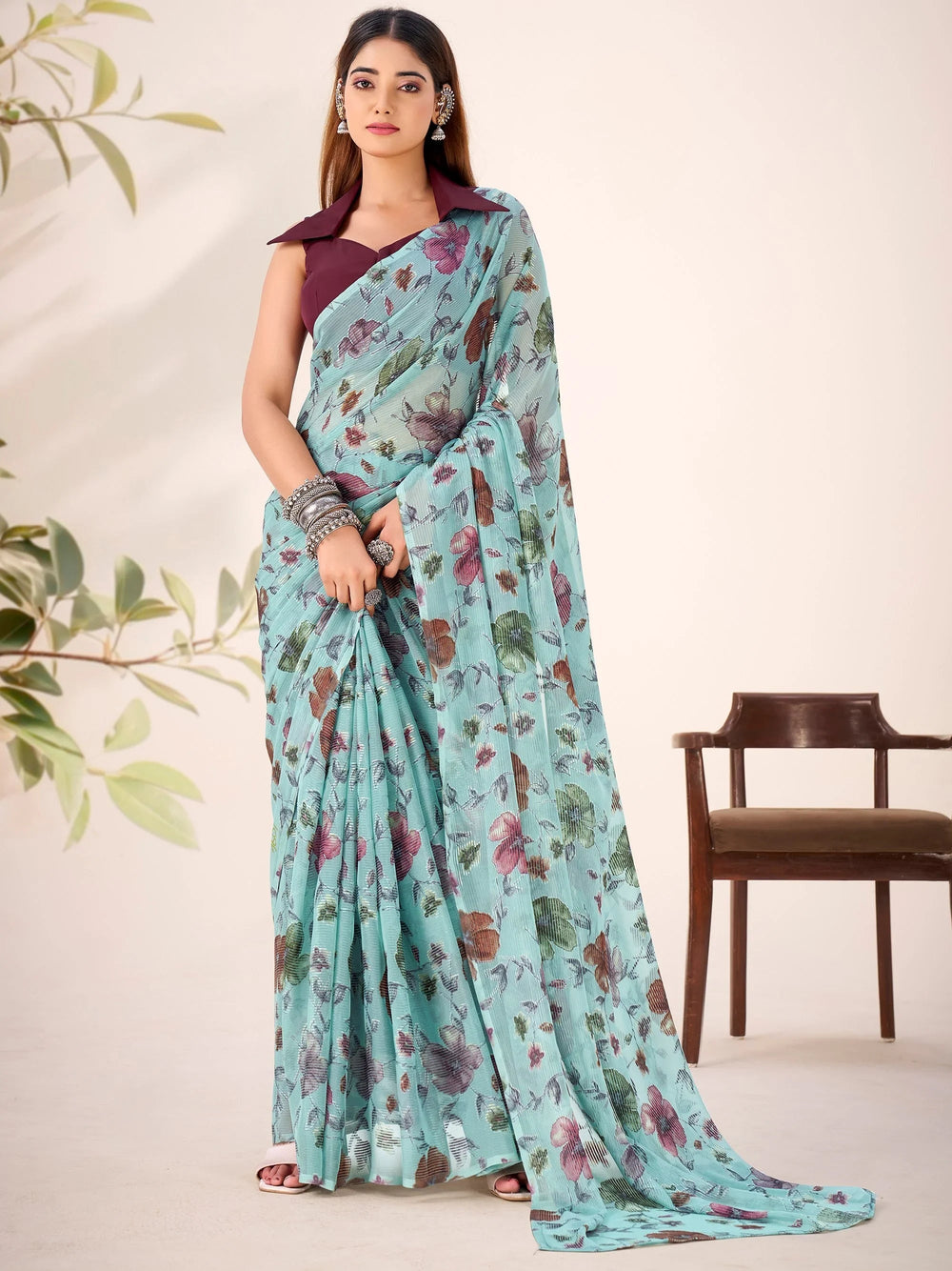 Sea Green Georgette Floral Printed Party Wear Saree With Blouse
