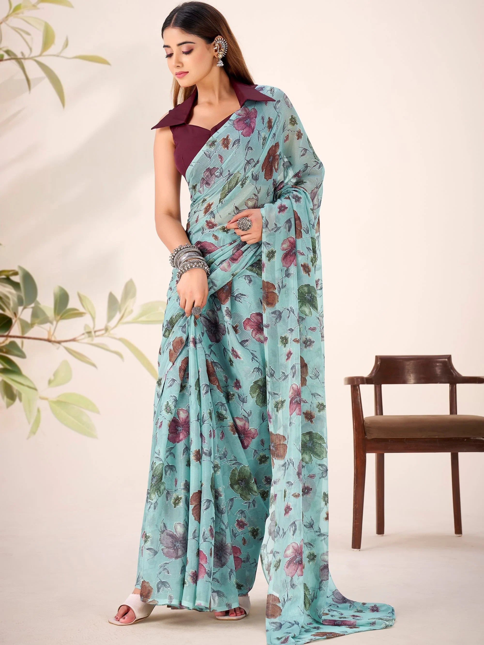 Sea Green Georgette Floral Printed Party Wear Saree With Blouse