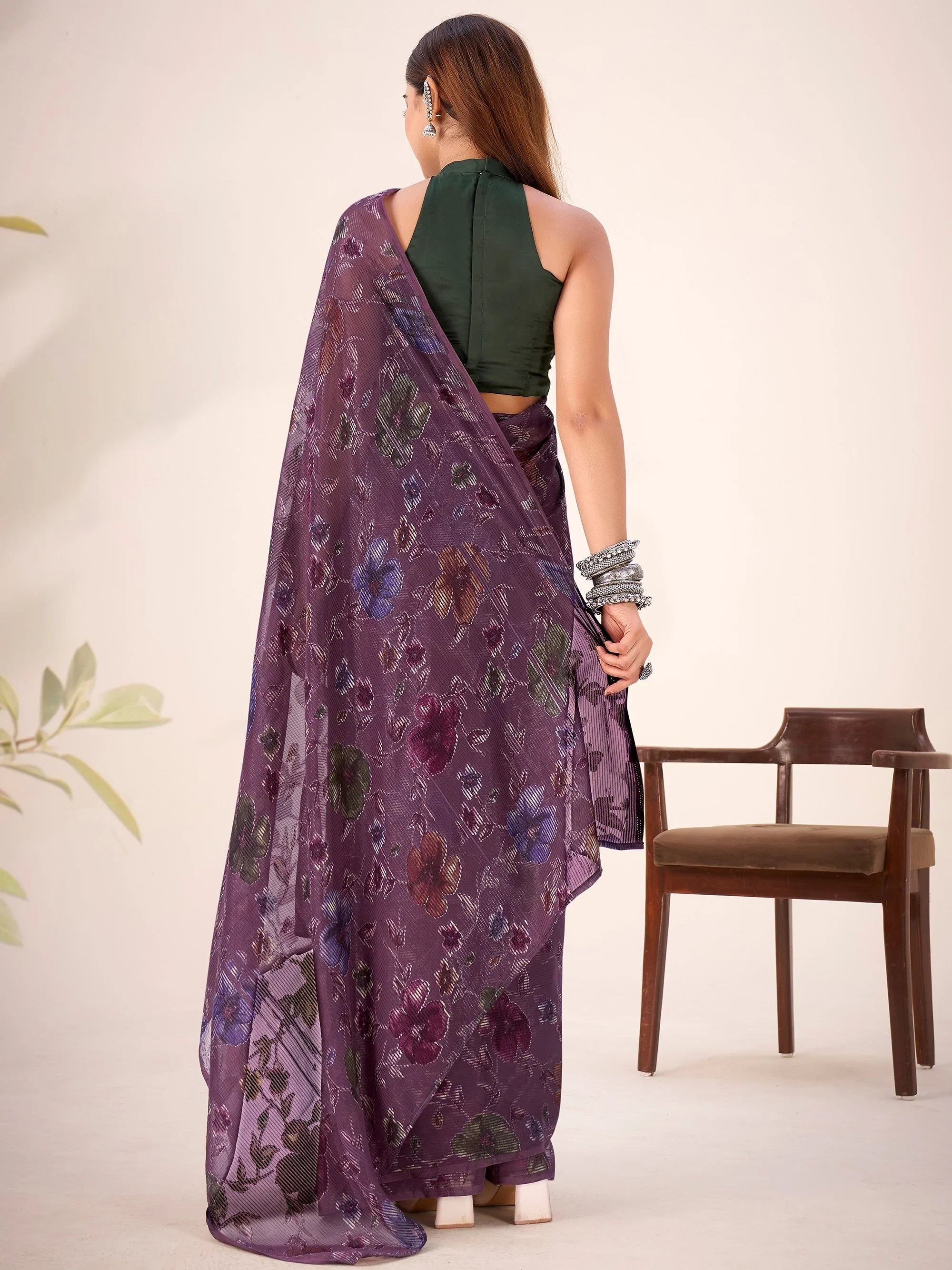 Wine Georgette Floral Printed Festive Wear Saree With Blouse