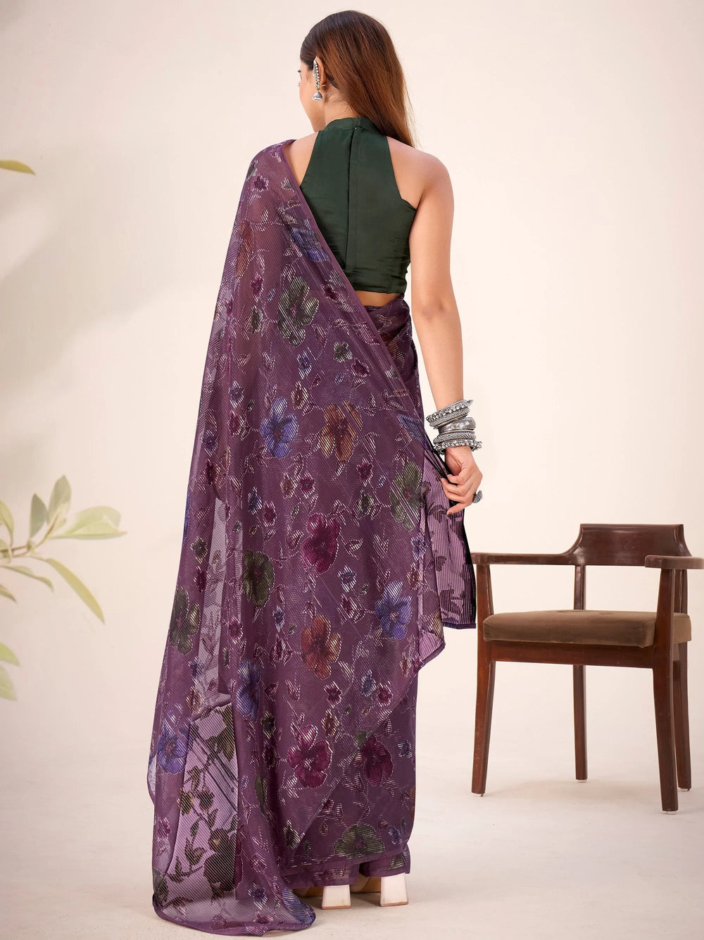 Wine Georgette Floral Printed Festive Wear Saree With Blouse
