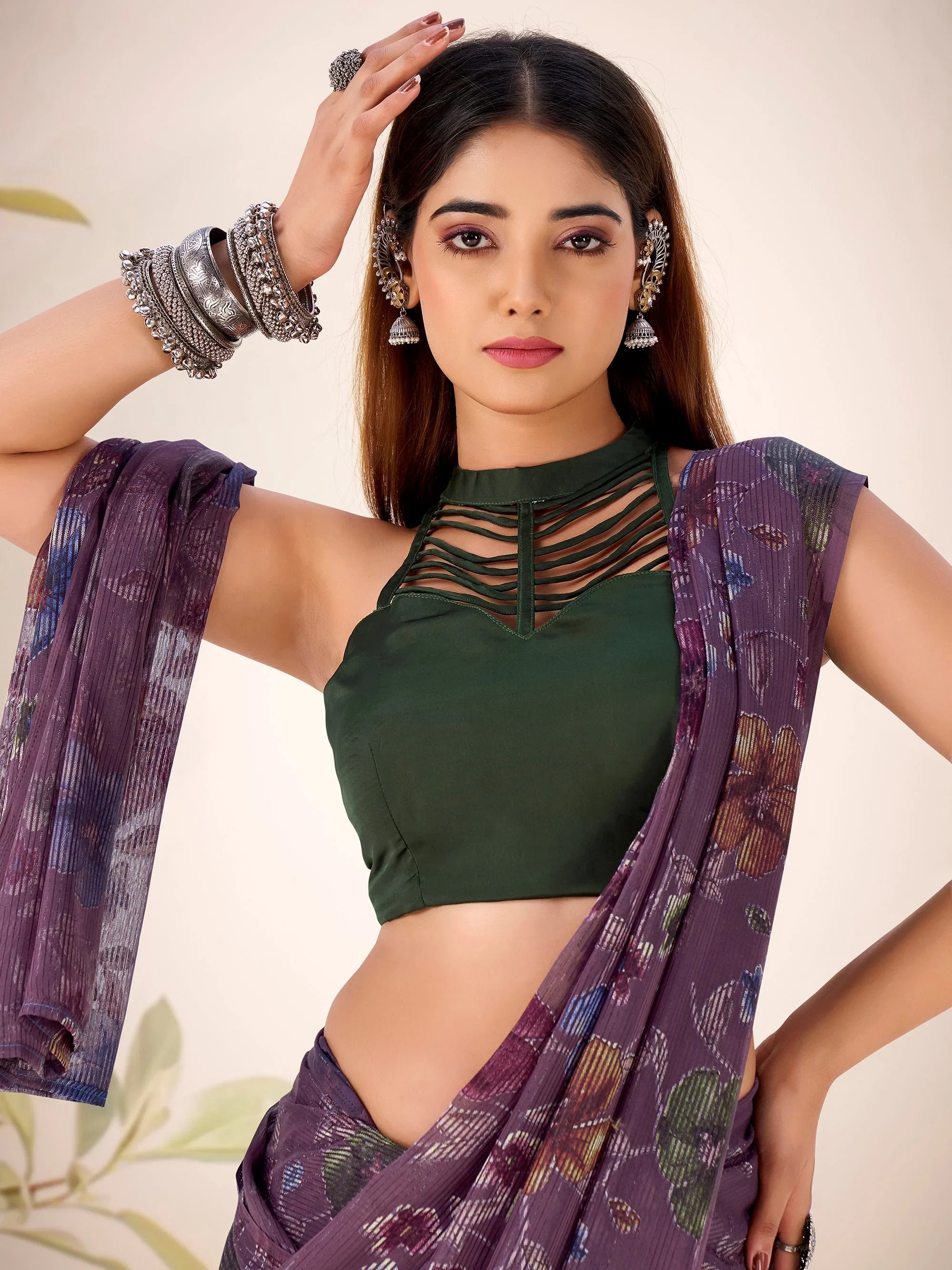 Wine Georgette Floral Printed Festive Wear Saree With Blouse