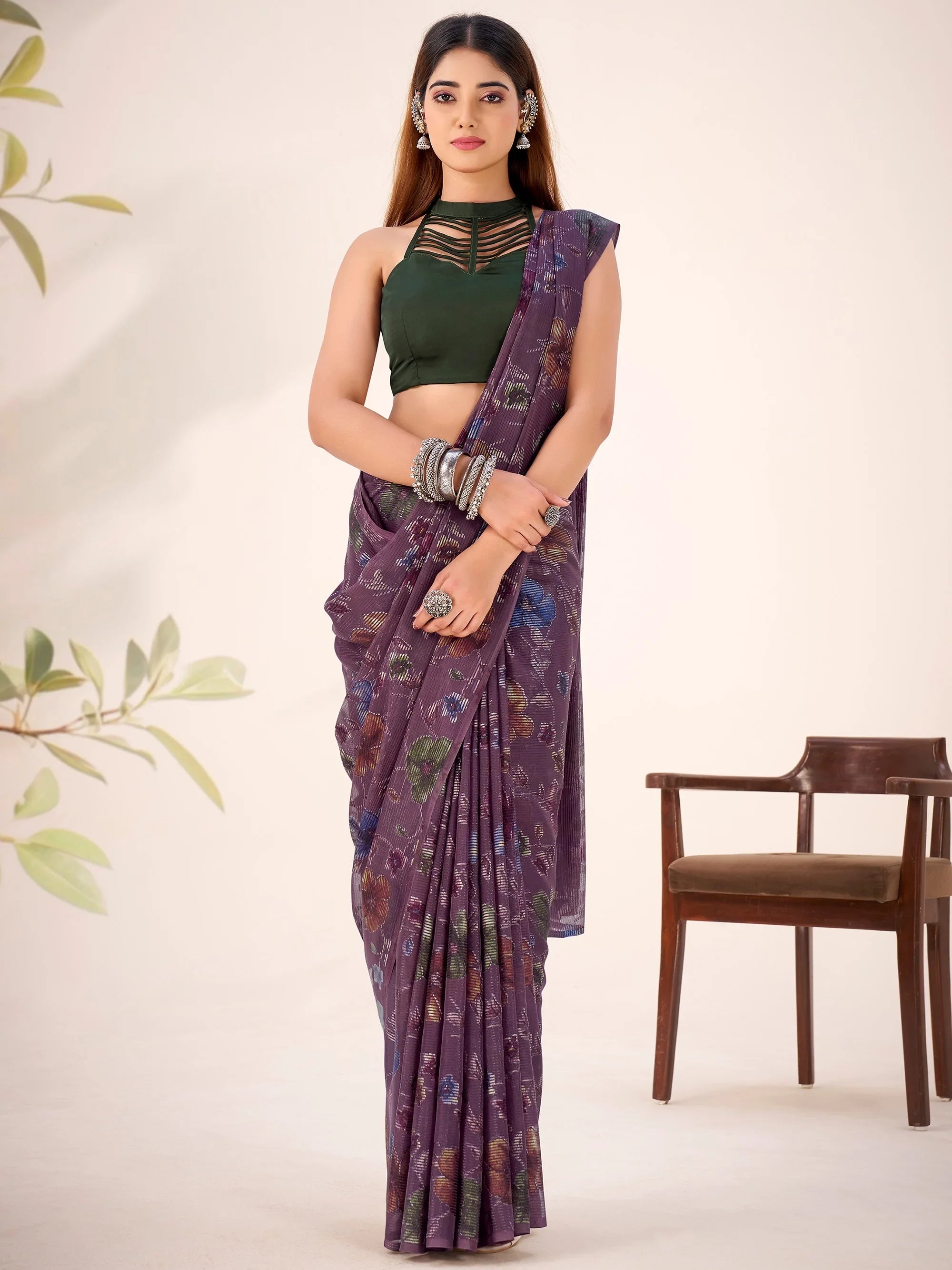 Wine Georgette Floral Printed Festive Wear Saree With Blouse