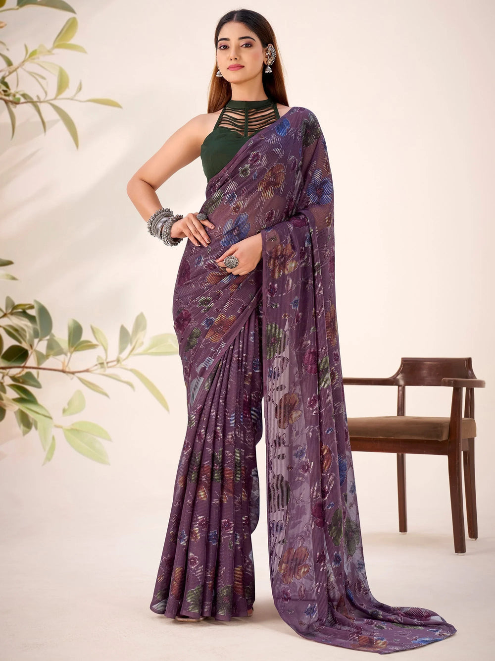 Wine Georgette Floral Printed Festive Wear Saree With Blouse