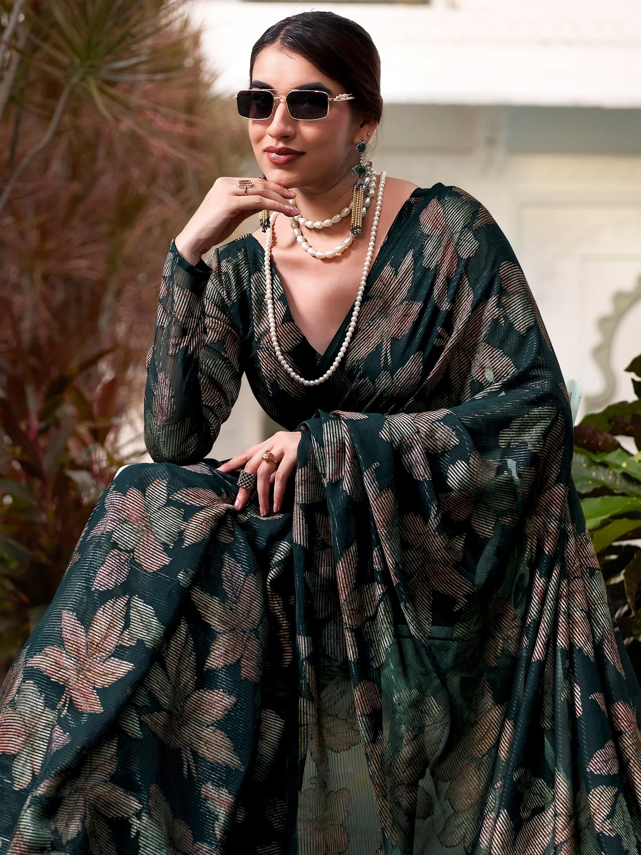 Green Brasso Floral Festival Wear Saree With Blouse