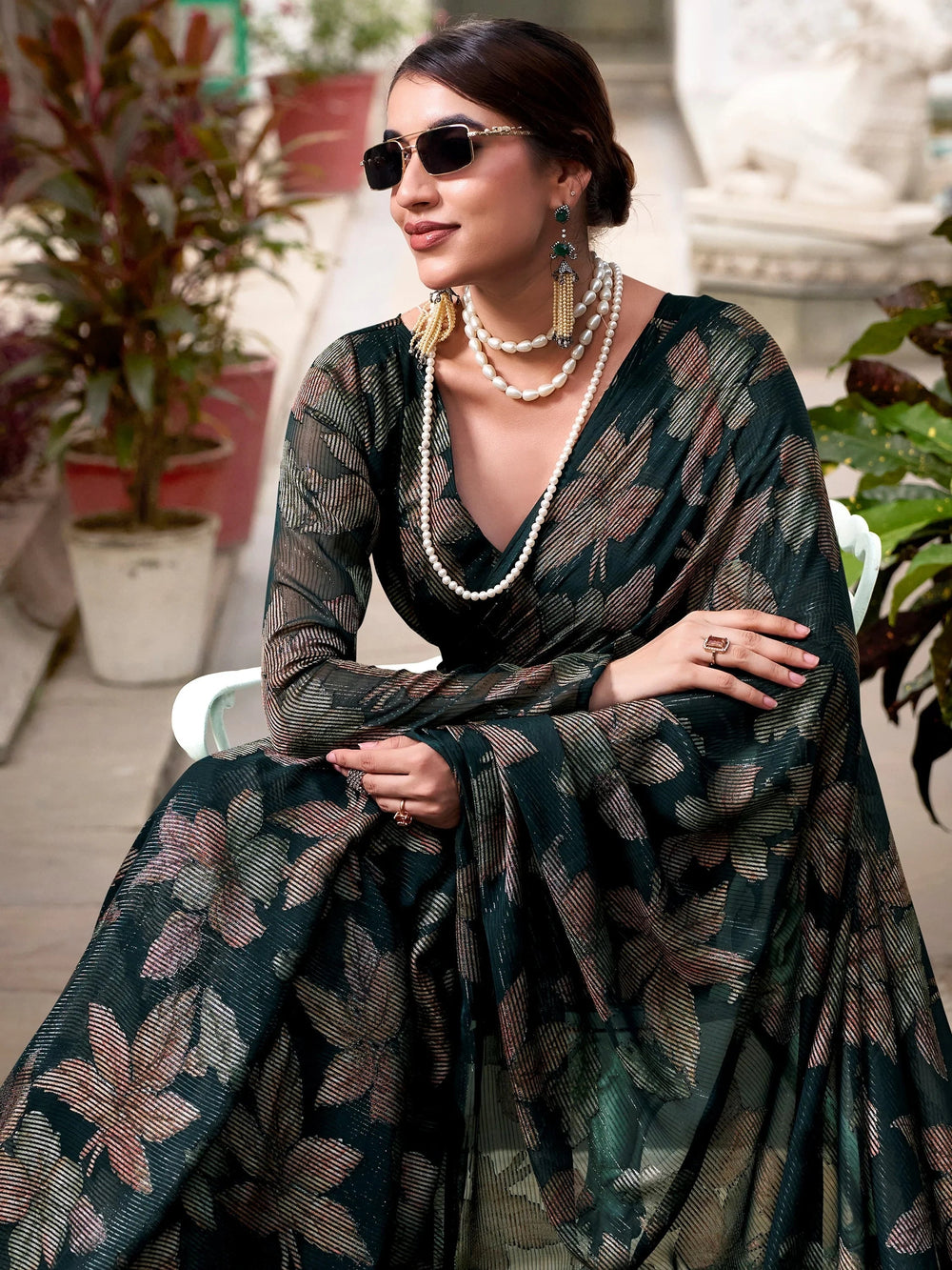 Green Brasso Floral Festival Wear Saree With Blouse