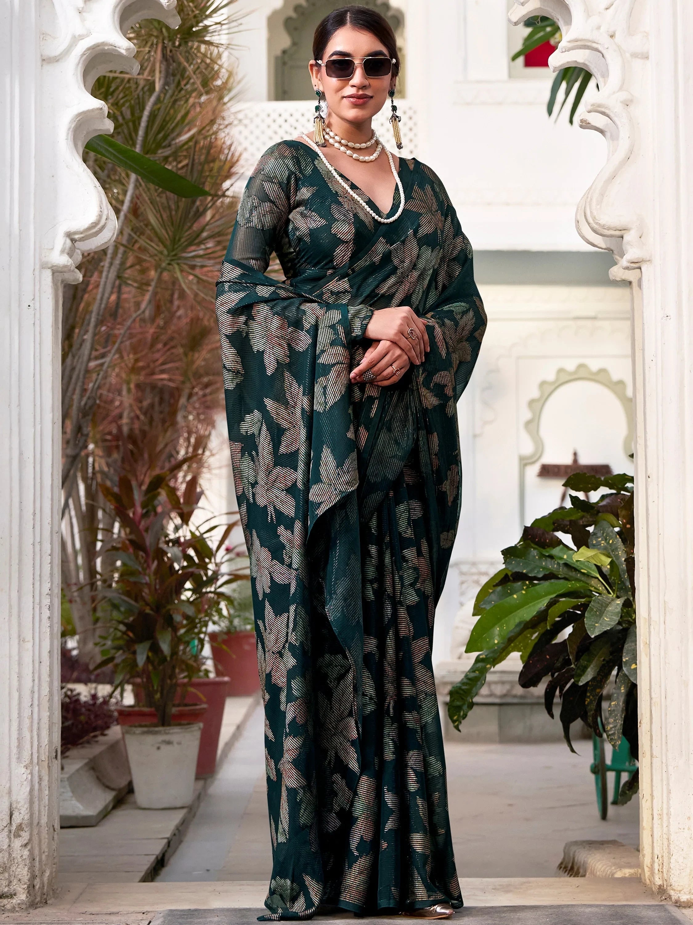 Green Brasso Floral Festival Wear Saree With Blouse