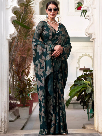 Green Brasso Floral Festival Wear Saree With Blouse