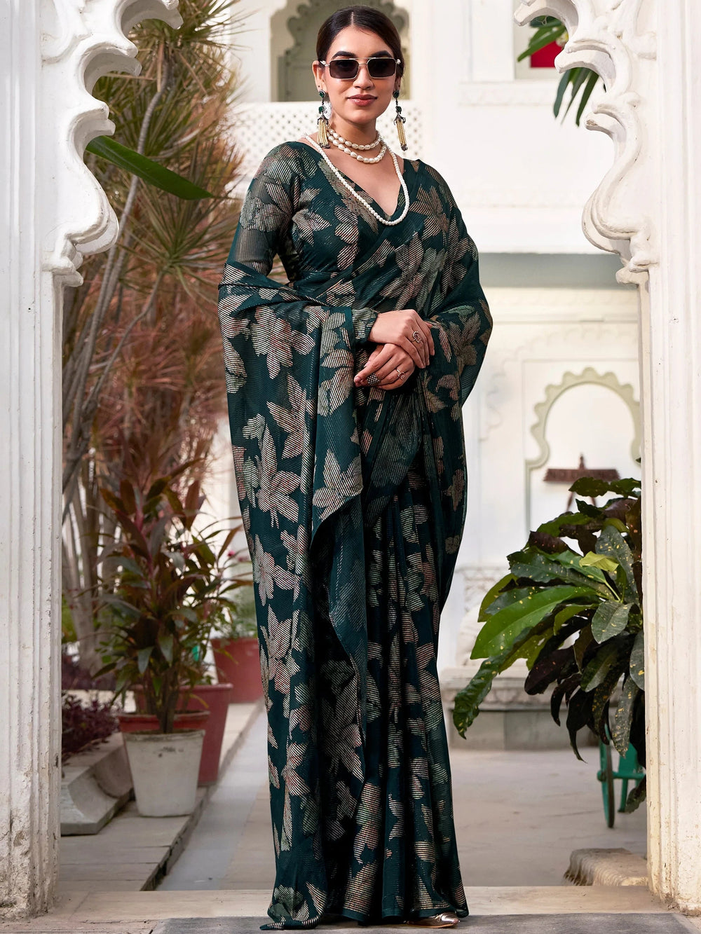 Green Brasso Floral Festival Wear Saree With Blouse