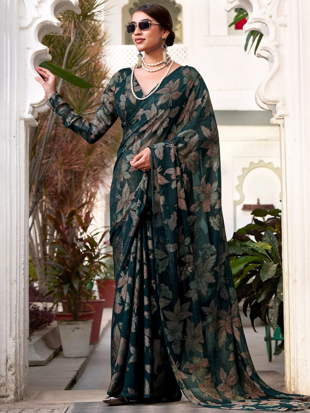 Green Brasso Floral Festival Wear Saree With Blouse
