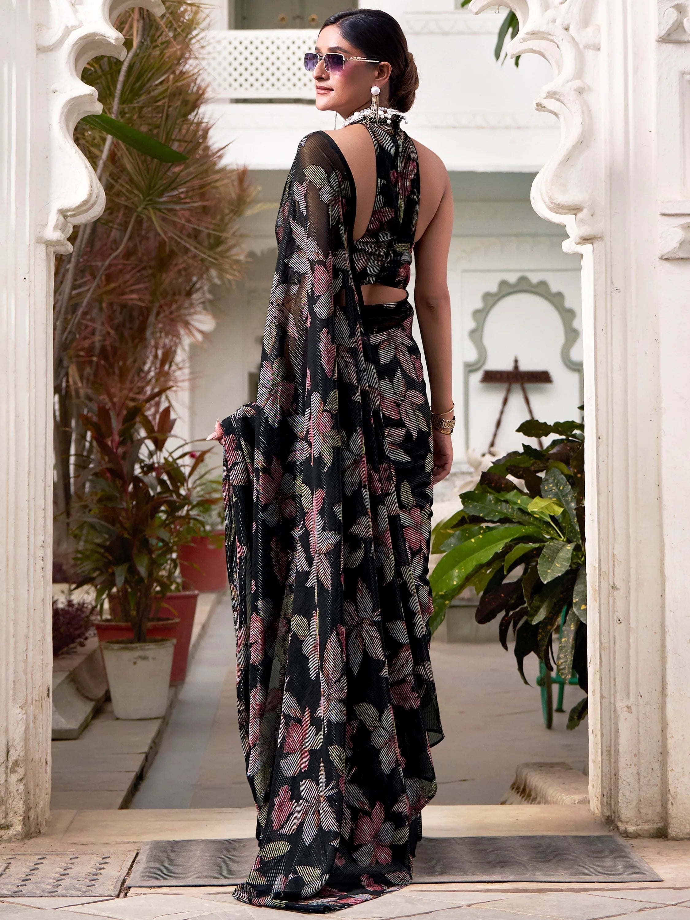 Black Brasso Floral Casual Wear Saree With Blouse