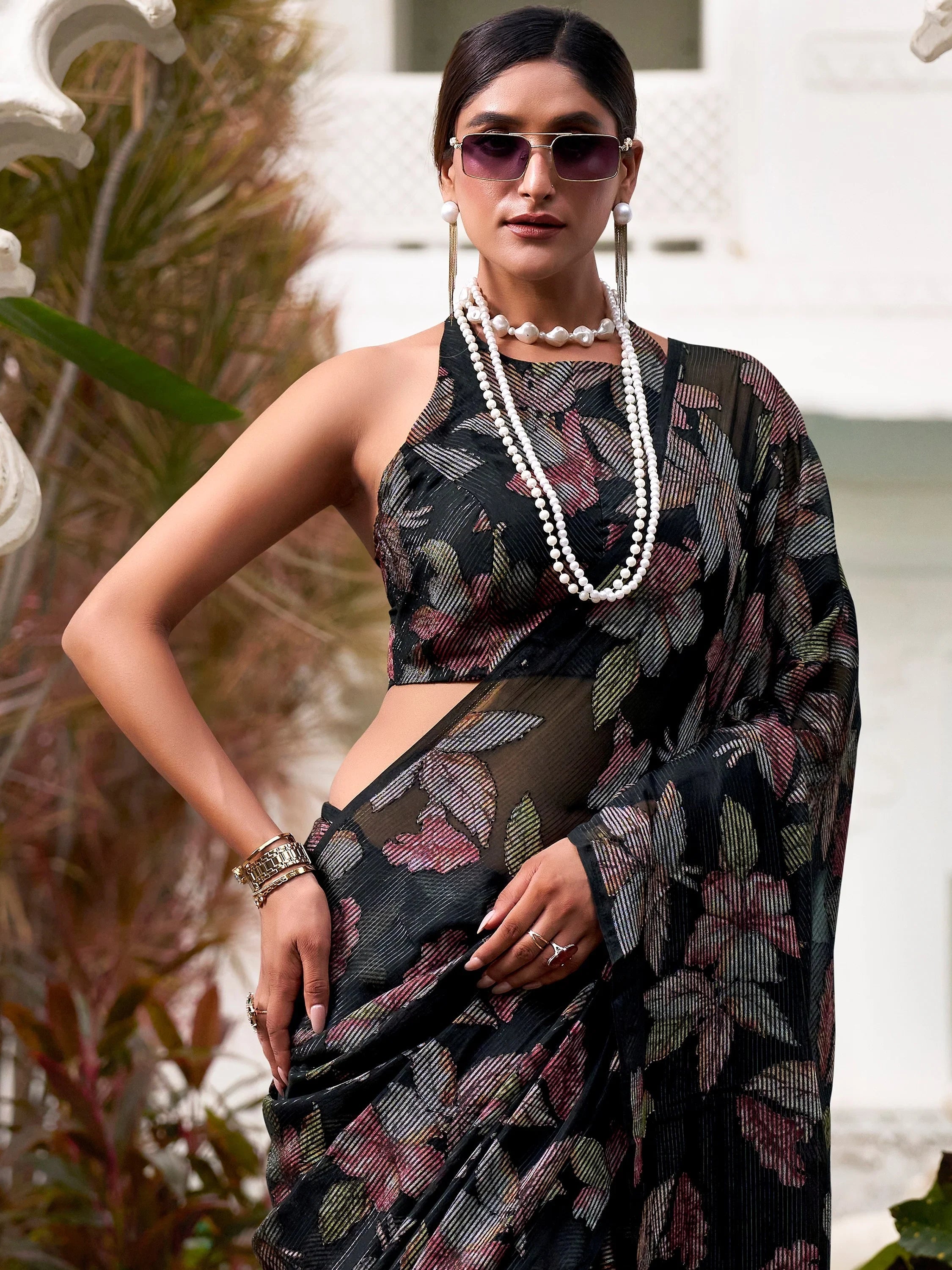 Black Brasso Floral Casual Wear Saree With Blouse