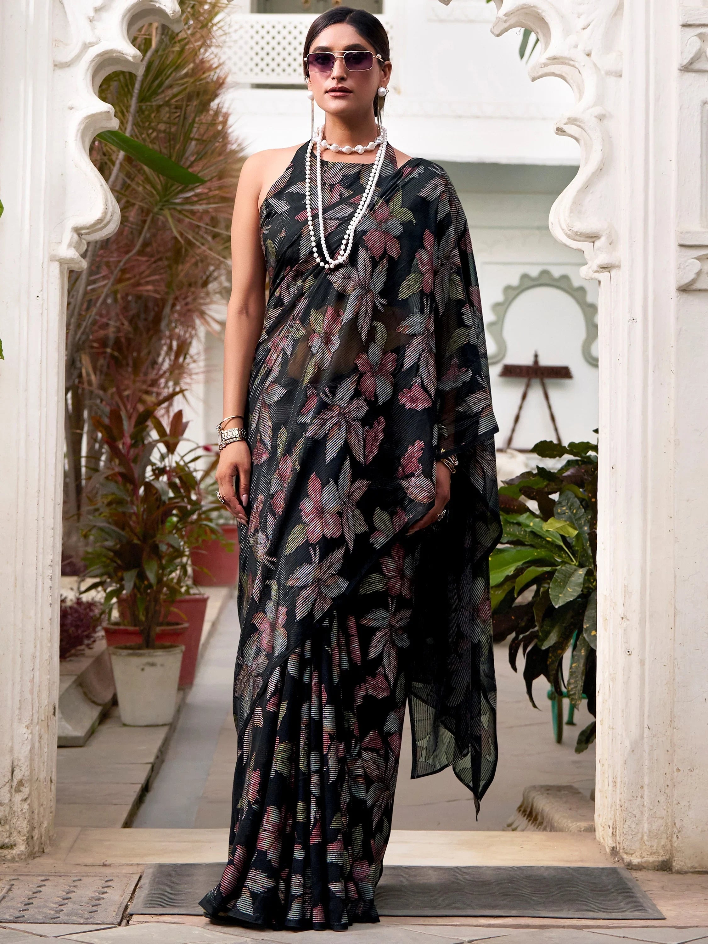 Black Brasso Floral Casual Wear Saree With Blouse
