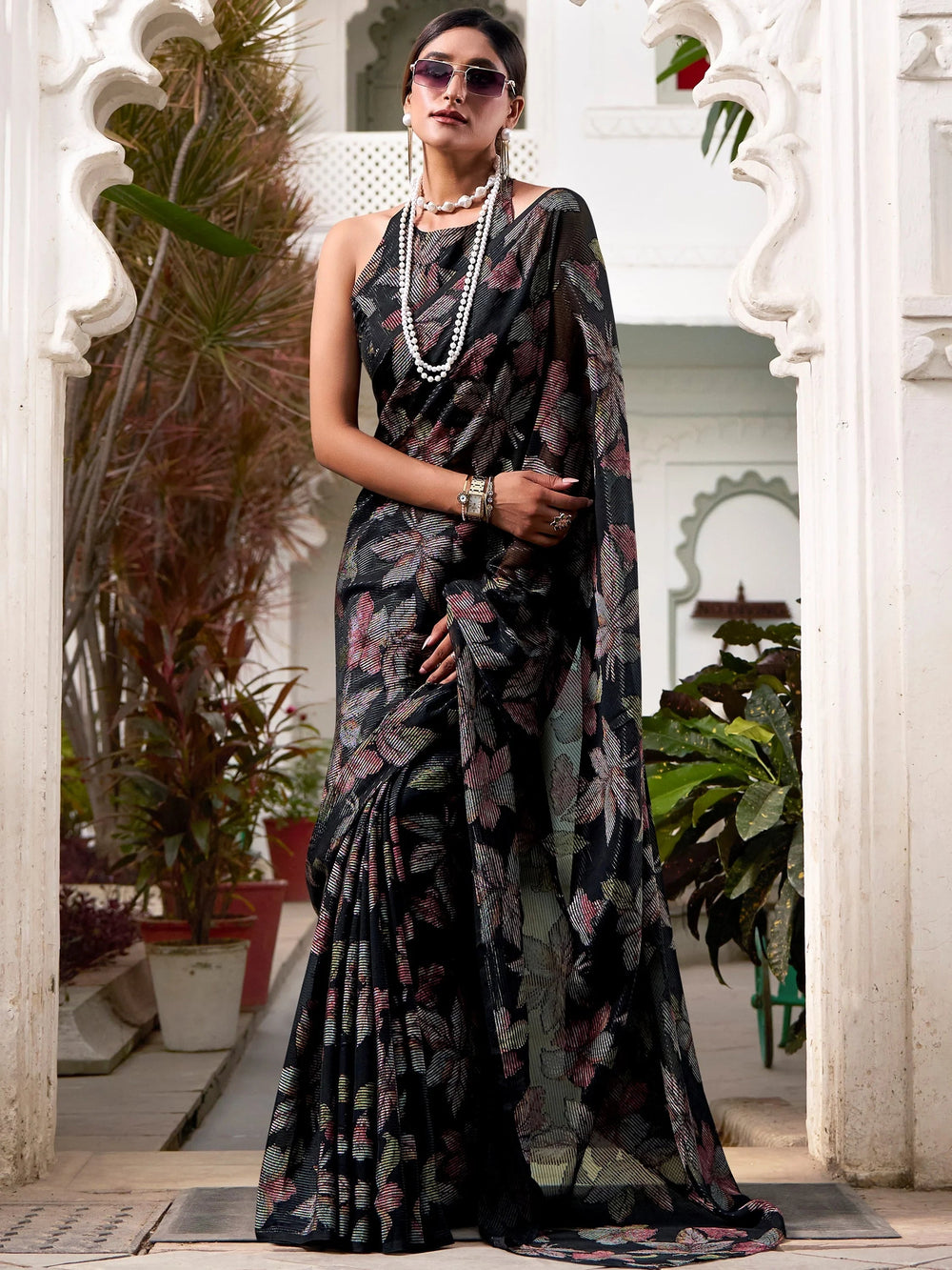 Black Brasso Floral Casual Wear Saree With Blouse