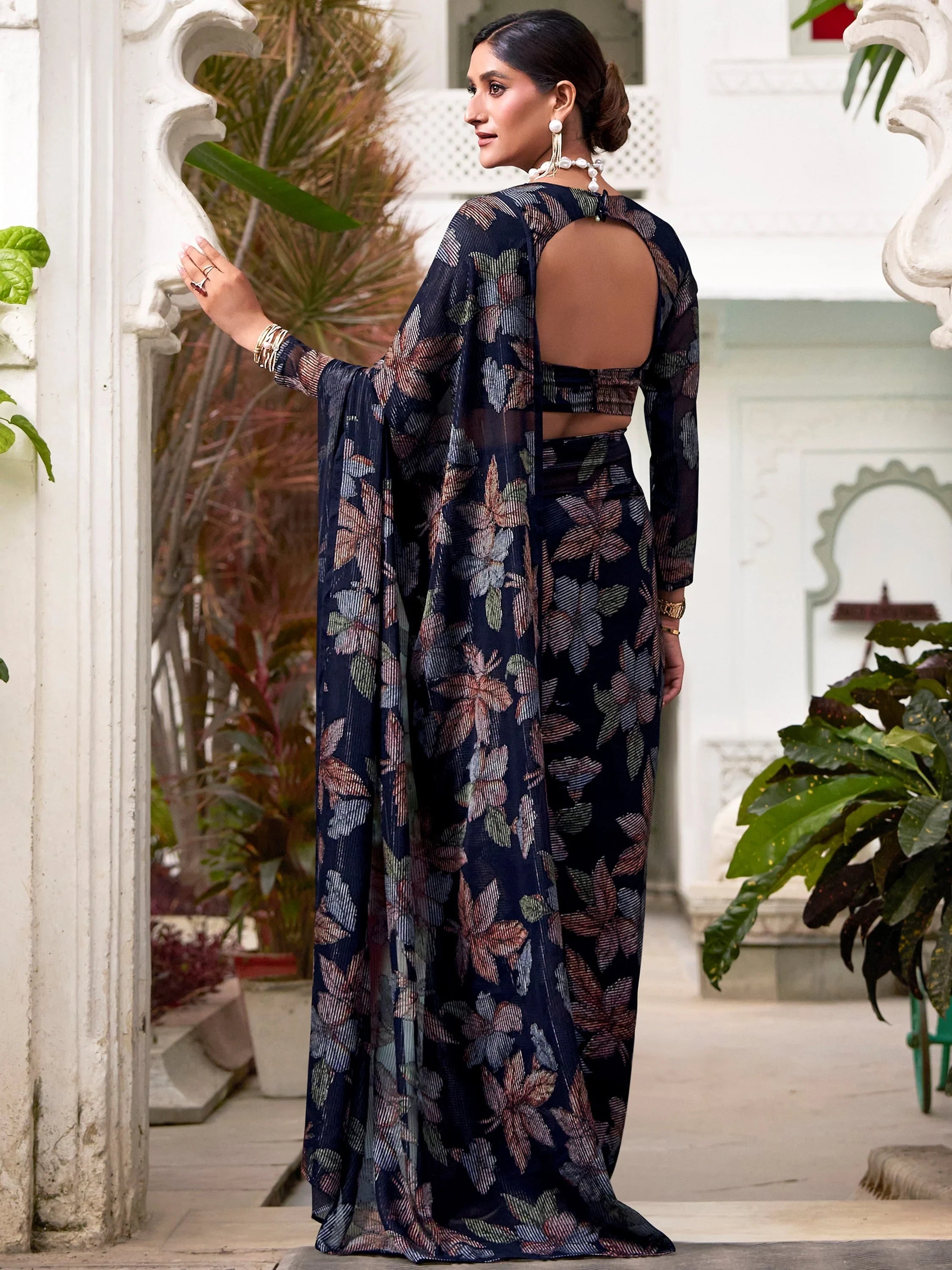 Navy Blue Brasso Floral Party Wear Saree With Blouse