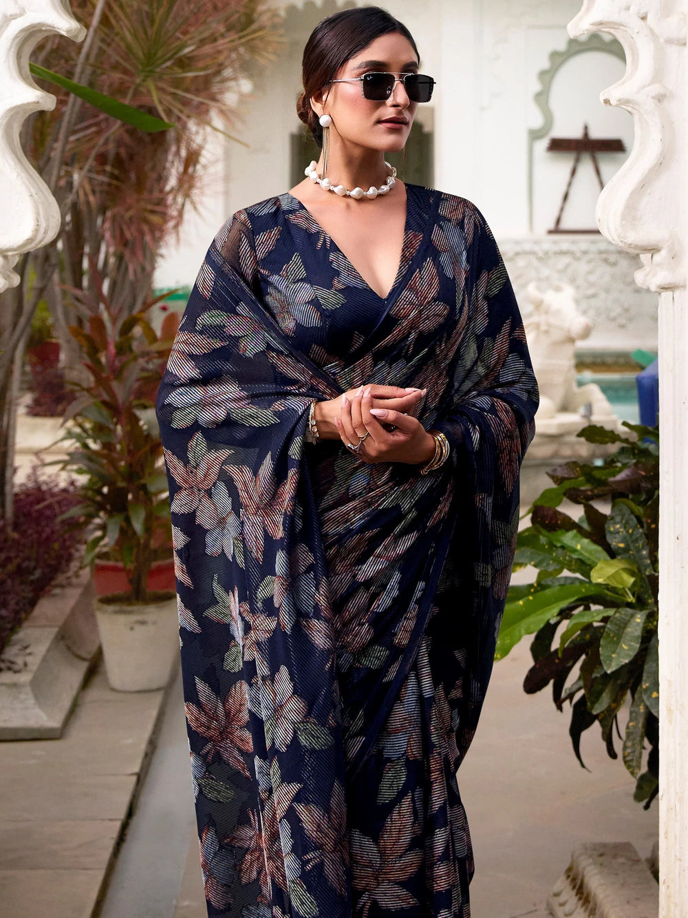 Navy Blue Brasso Floral Party Wear Saree With Blouse