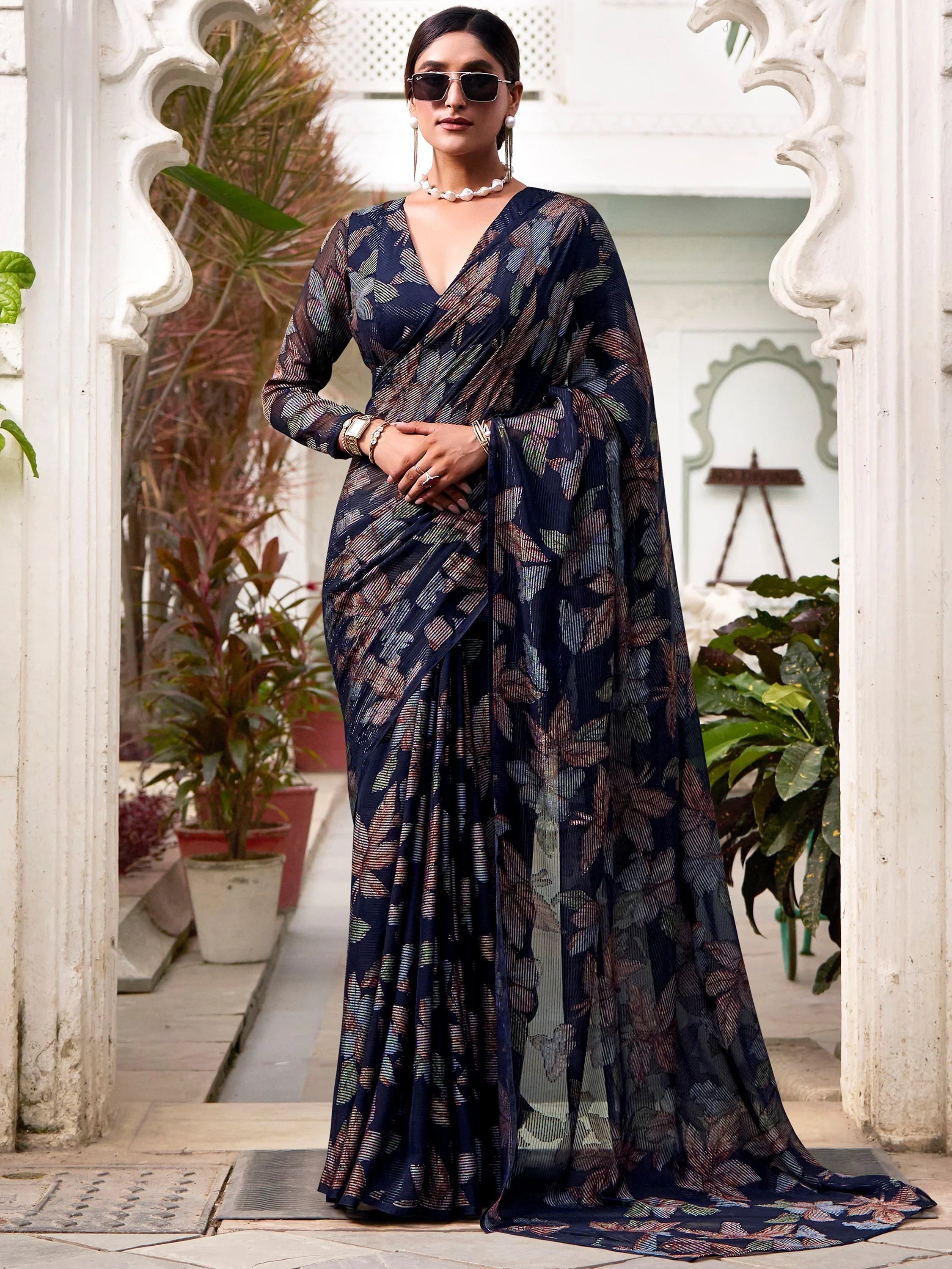 Navy Blue Brasso Floral Party Wear Saree With Blouse