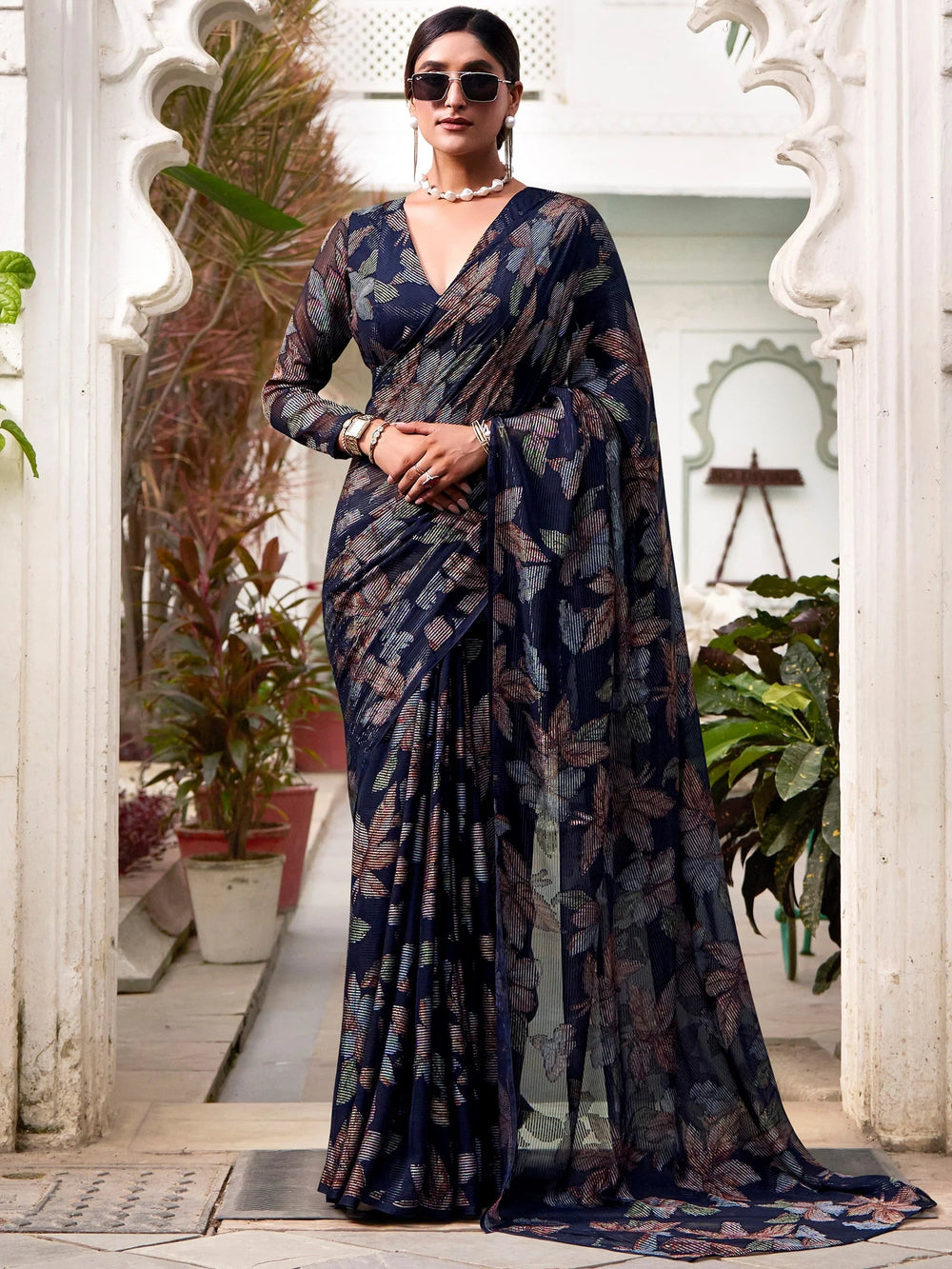 Navy Blue Brasso Floral Party Wear Saree With Blouse