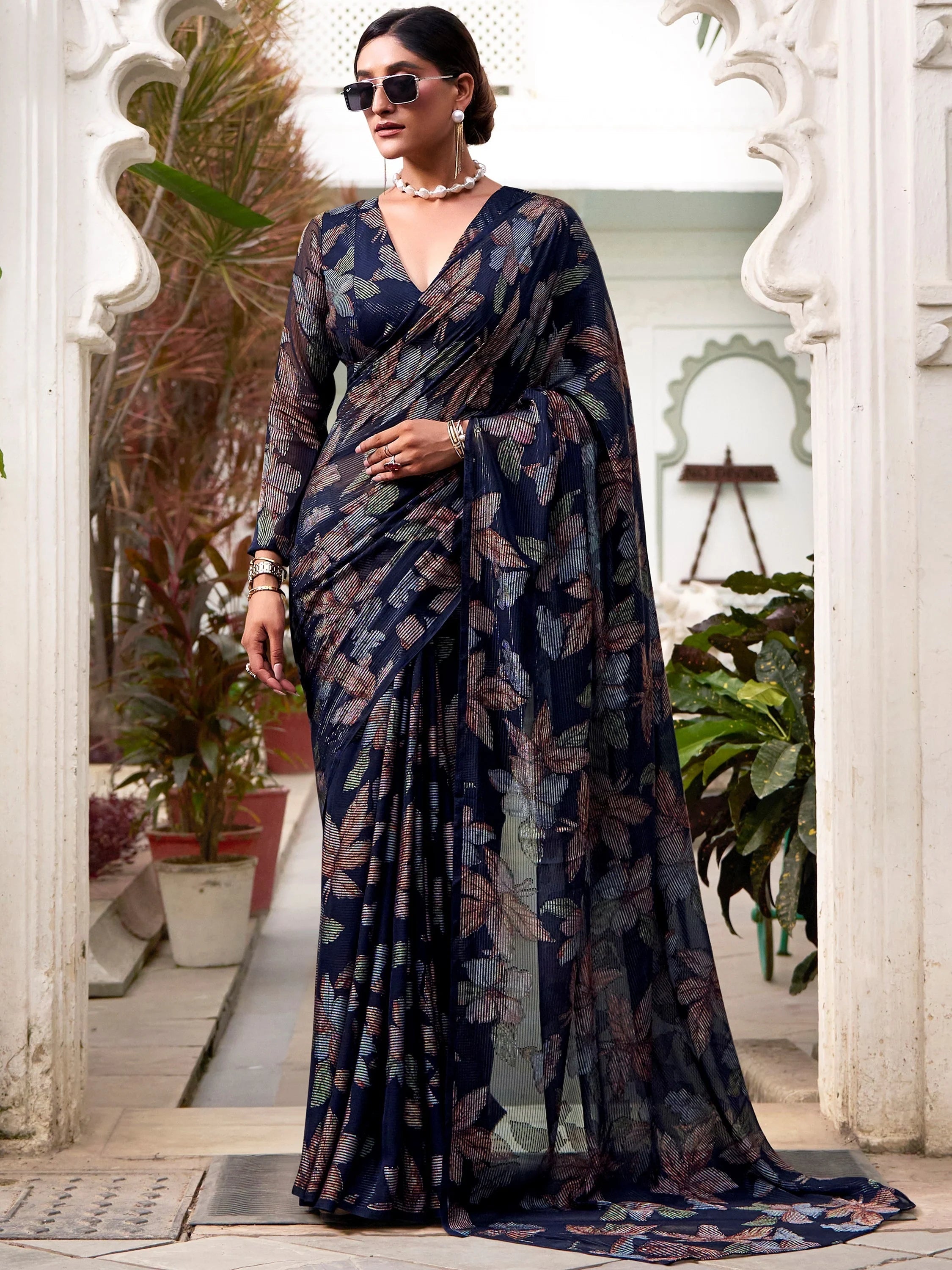 Navy Blue Brasso Floral Party Wear Saree With Blouse