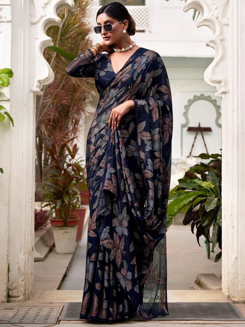 Navy Blue Brasso Floral Party Wear Saree With Blouse