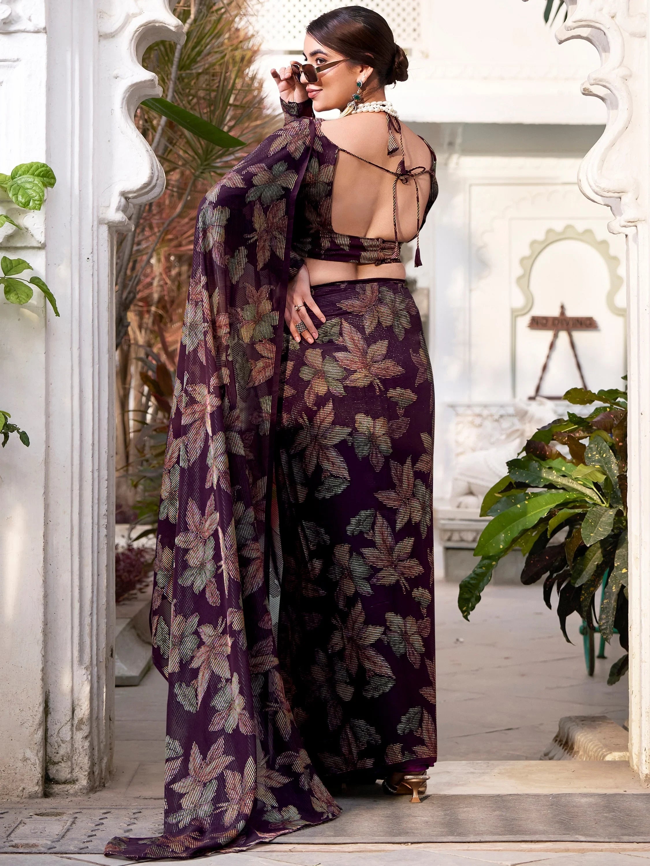 Wine Brasso Floral Casual Wear Saree With Blouse
