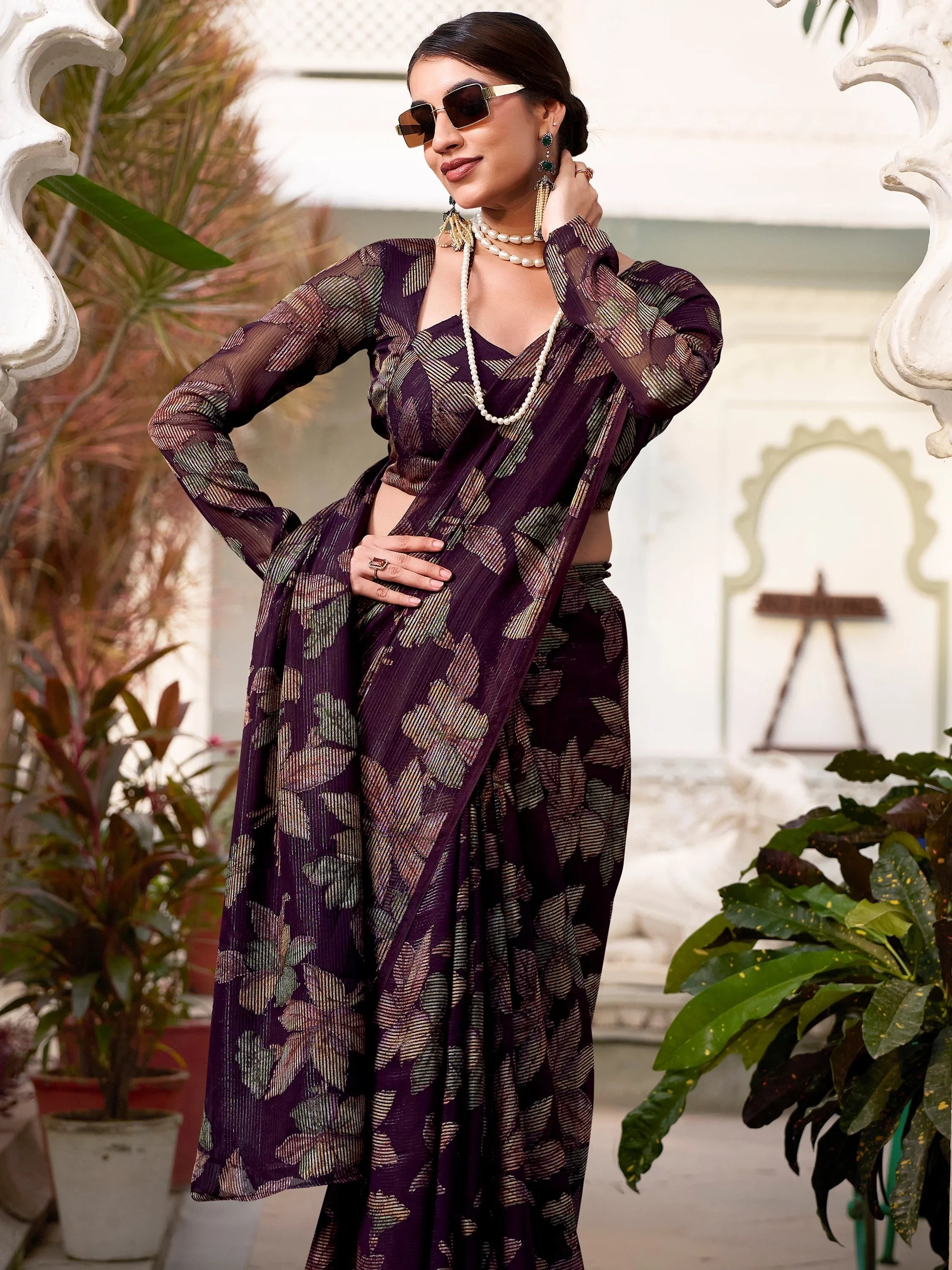 Wine Brasso Floral Casual Wear Saree With Blouse