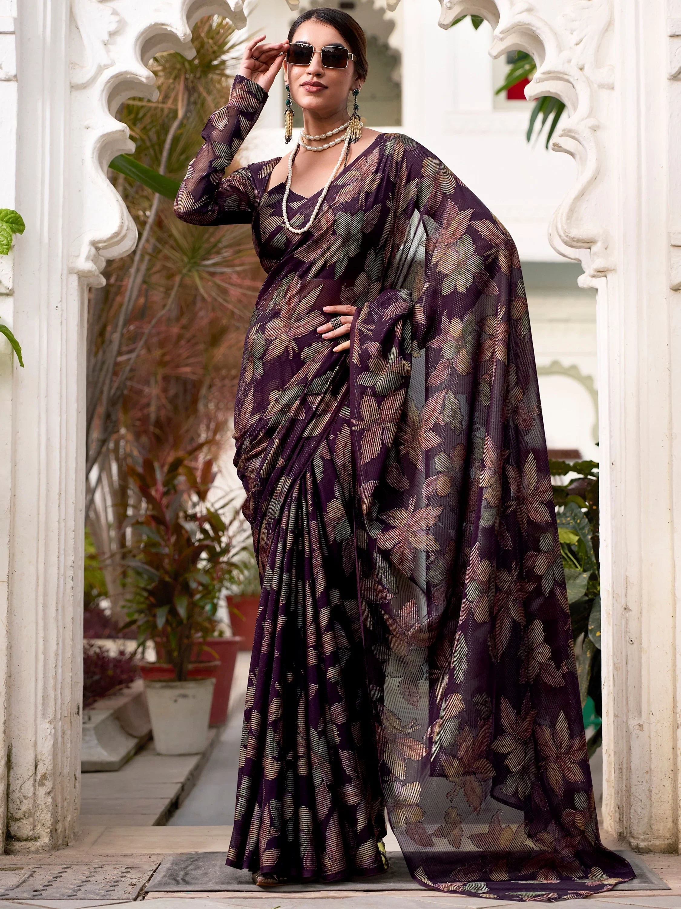 Wine Brasso Floral Casual Wear Saree With Blouse