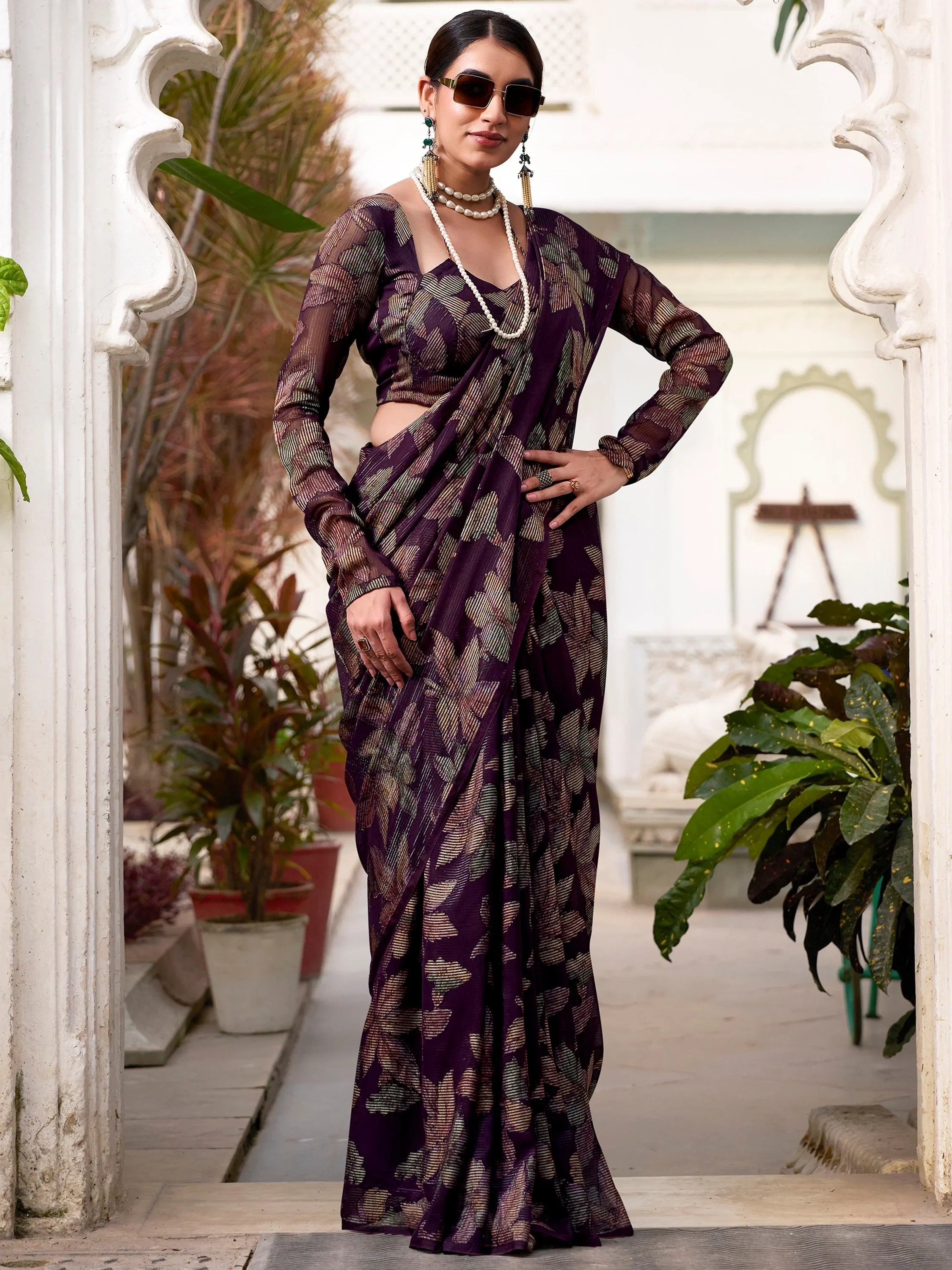 Wine Brasso Floral Casual Wear Saree With Blouse
