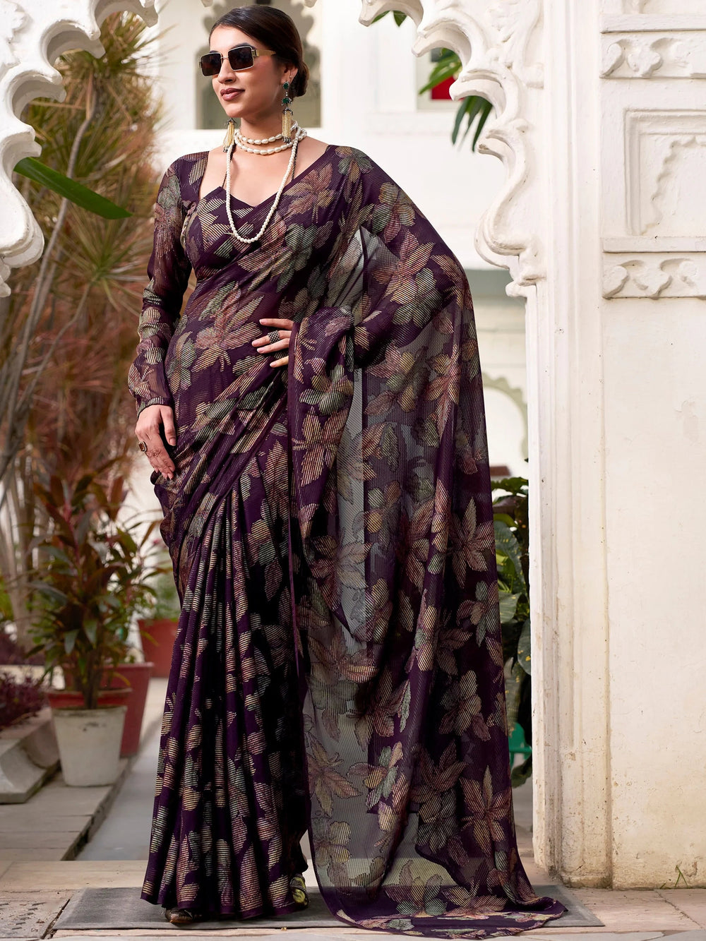 Wine Brasso Floral Casual Wear Saree With Blouse