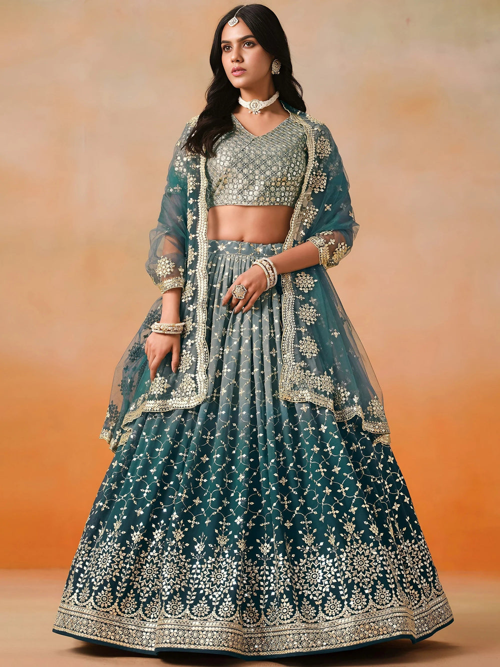 Embroidered georgette lehenga choli with sequins work for wedding and festive occasions