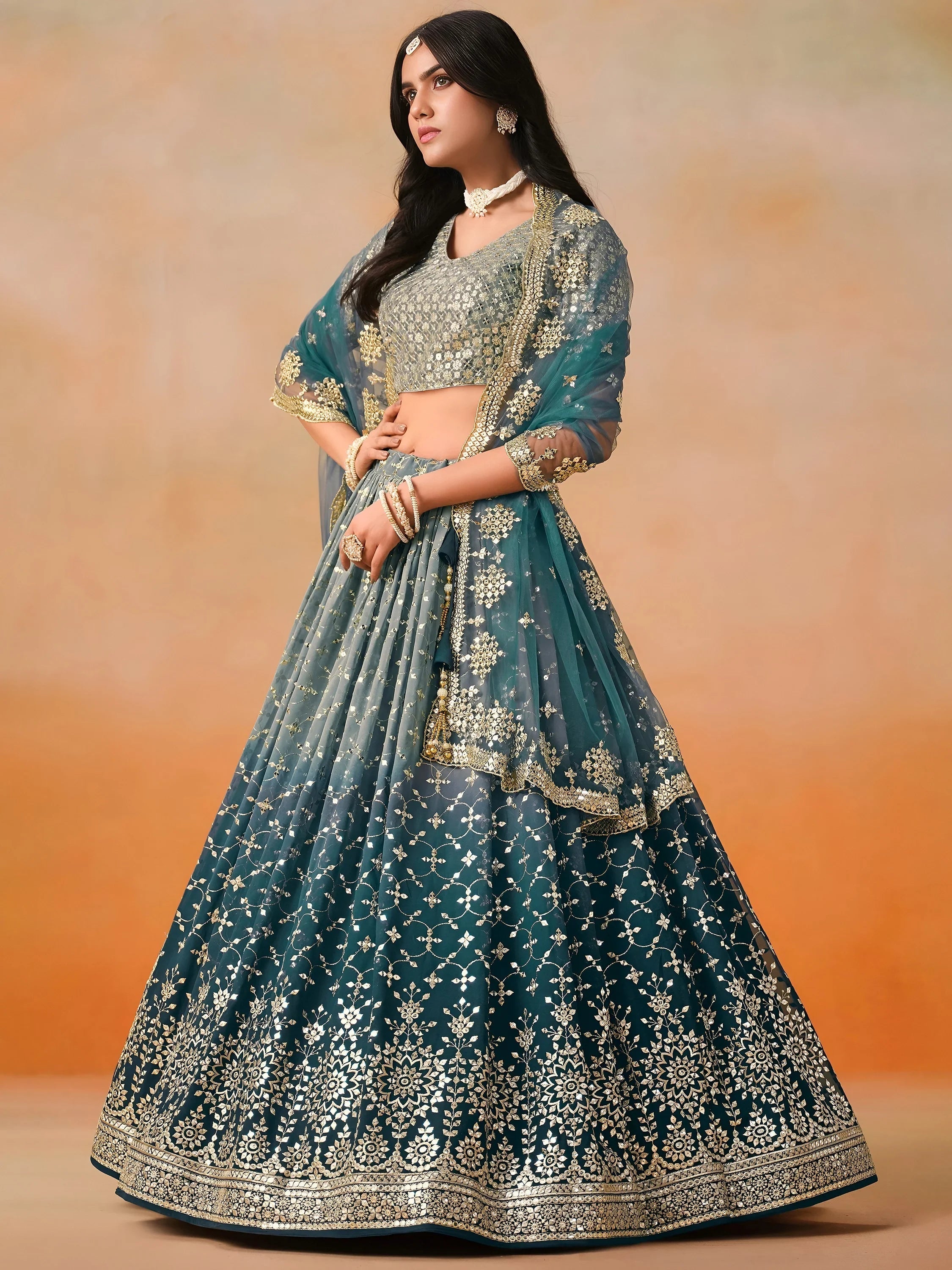 Embroidered georgette lehenga choli with sequins work for wedding and festive occasions