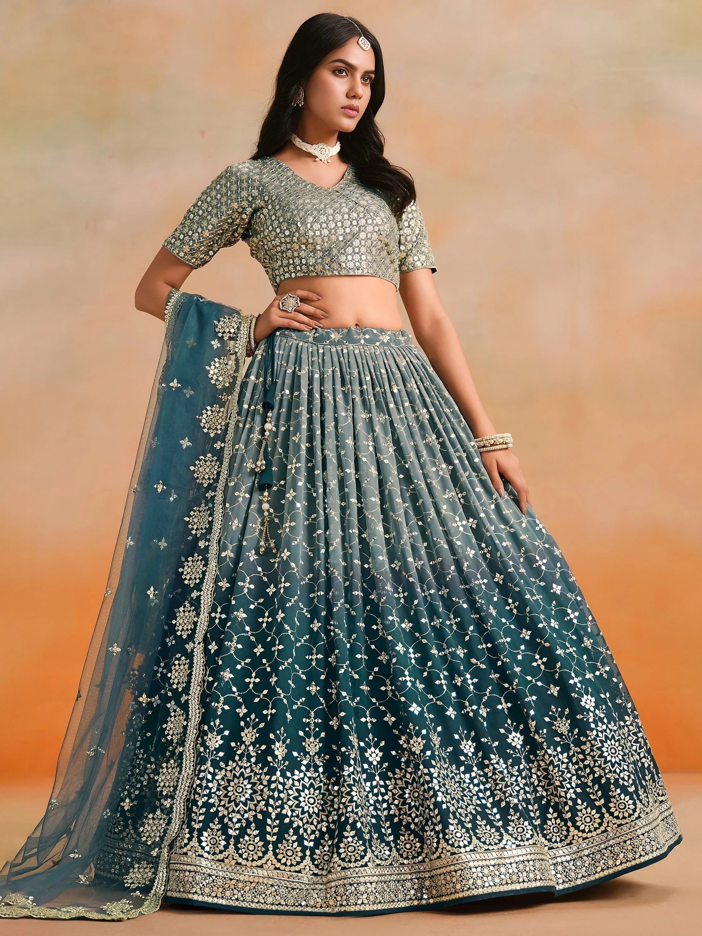 Embroidered georgette lehenga choli with sequins work for wedding and festive occasions