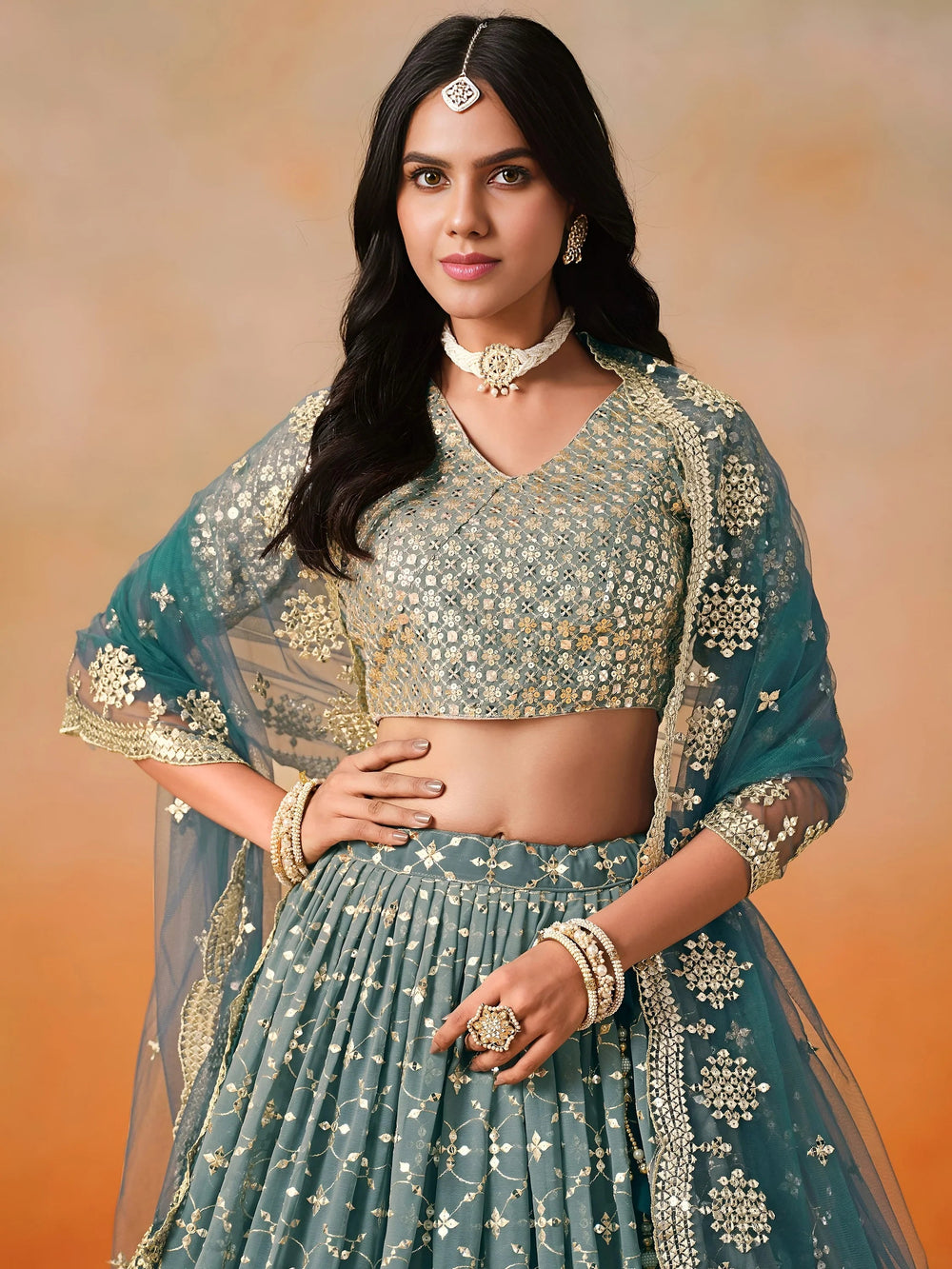 Embroidered georgette lehenga choli with sequins work for wedding and festive occasions
