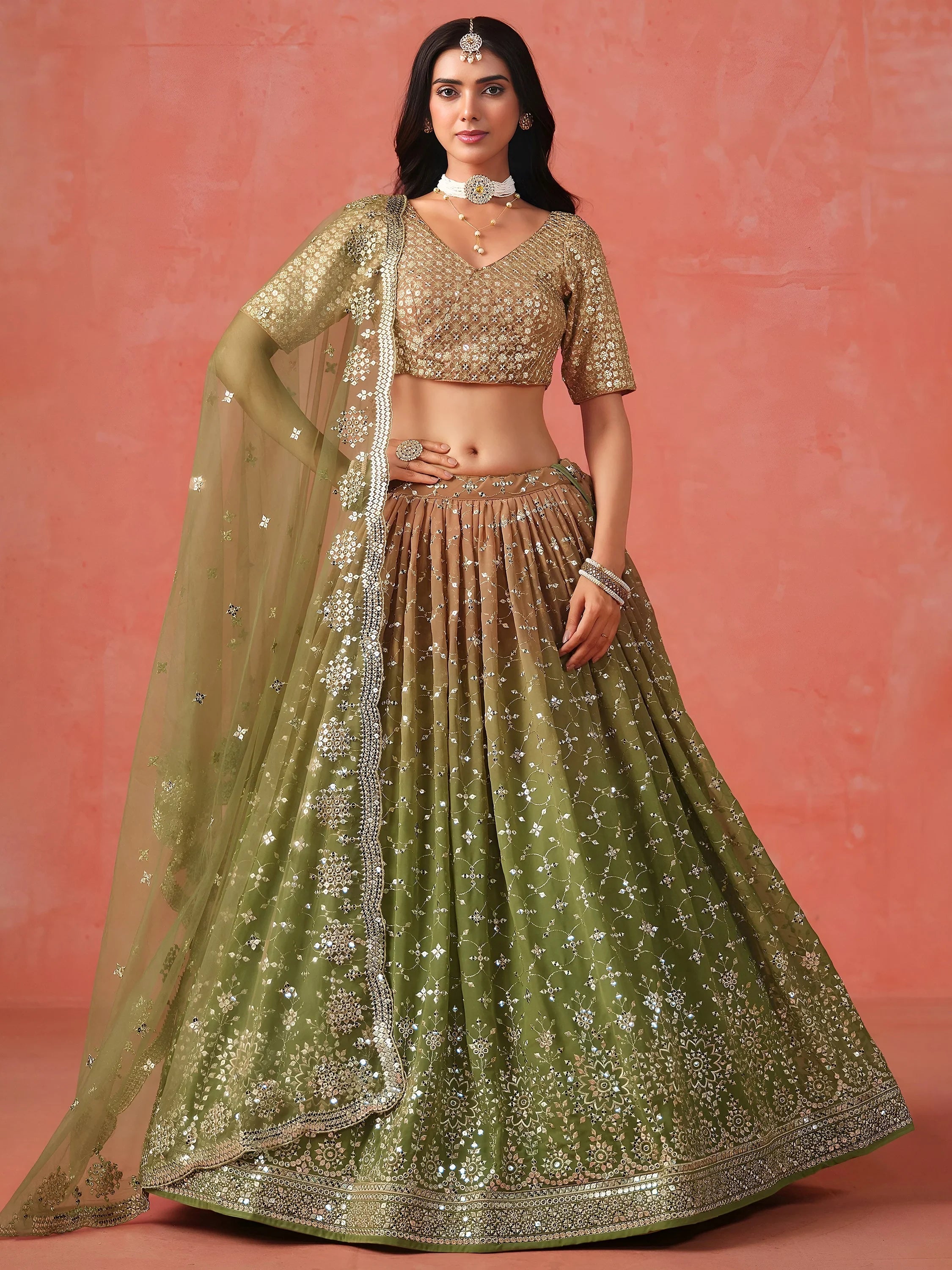 Embroidered georgette lehenga choli with sequins work for wedding and festive occasions
