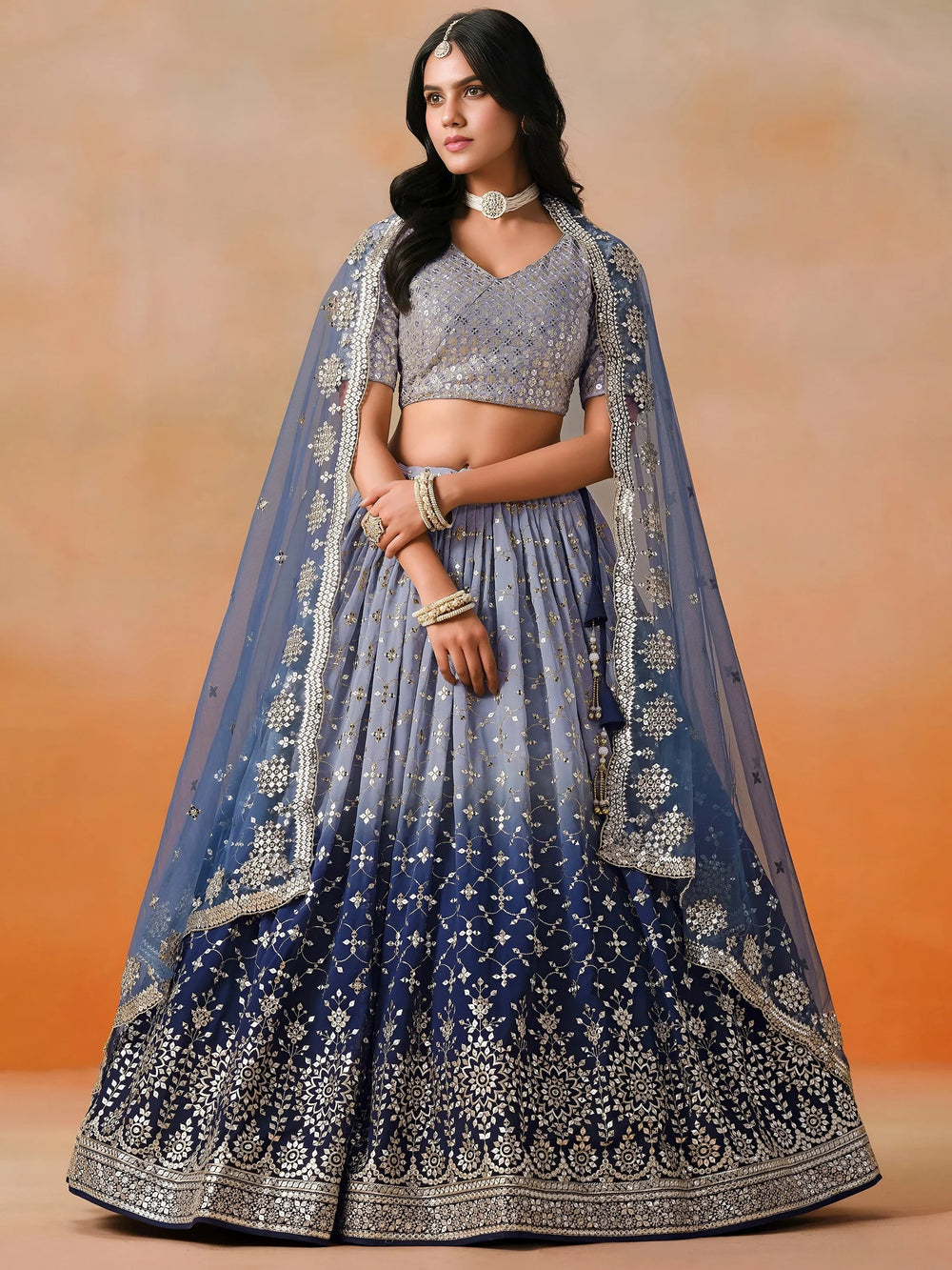 Embroidered georgette lehenga choli with sequins work for wedding and festive occasions