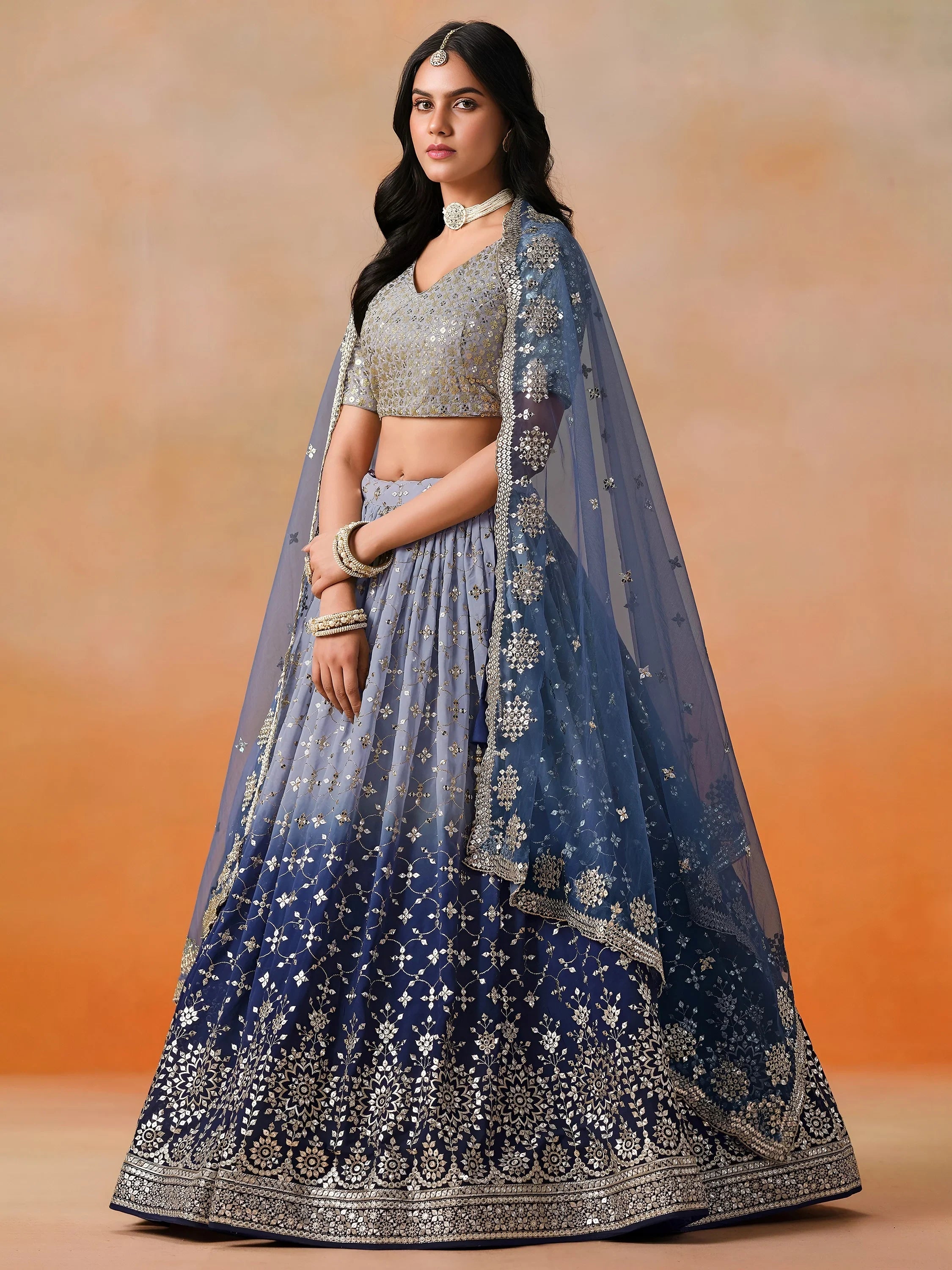 Embroidered georgette lehenga choli with sequins work for wedding and festive occasions