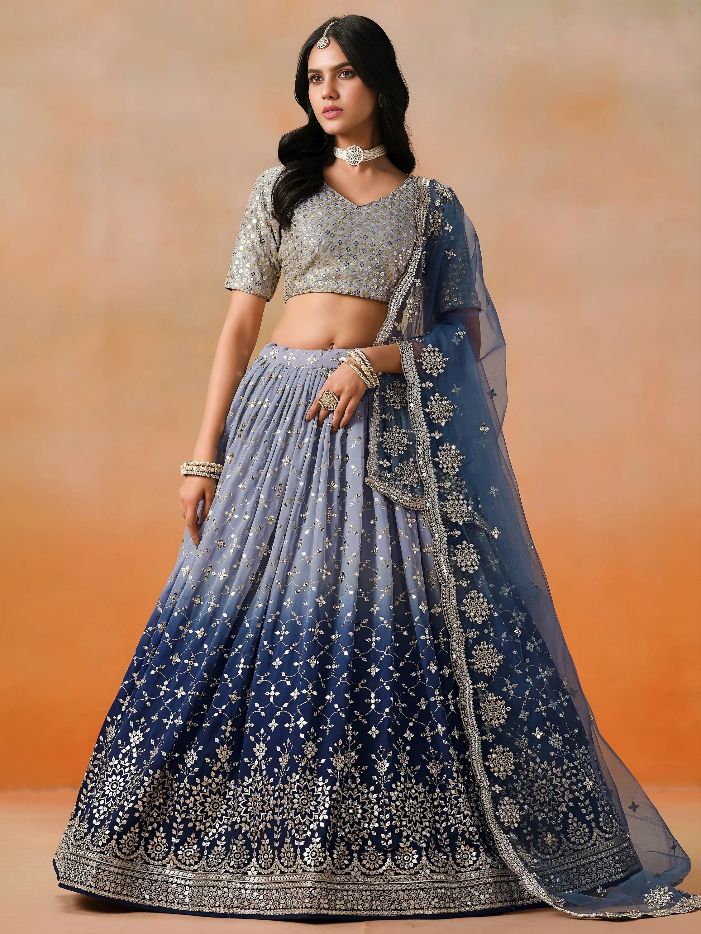 Embroidered georgette lehenga choli with sequins work for wedding and festive occasions