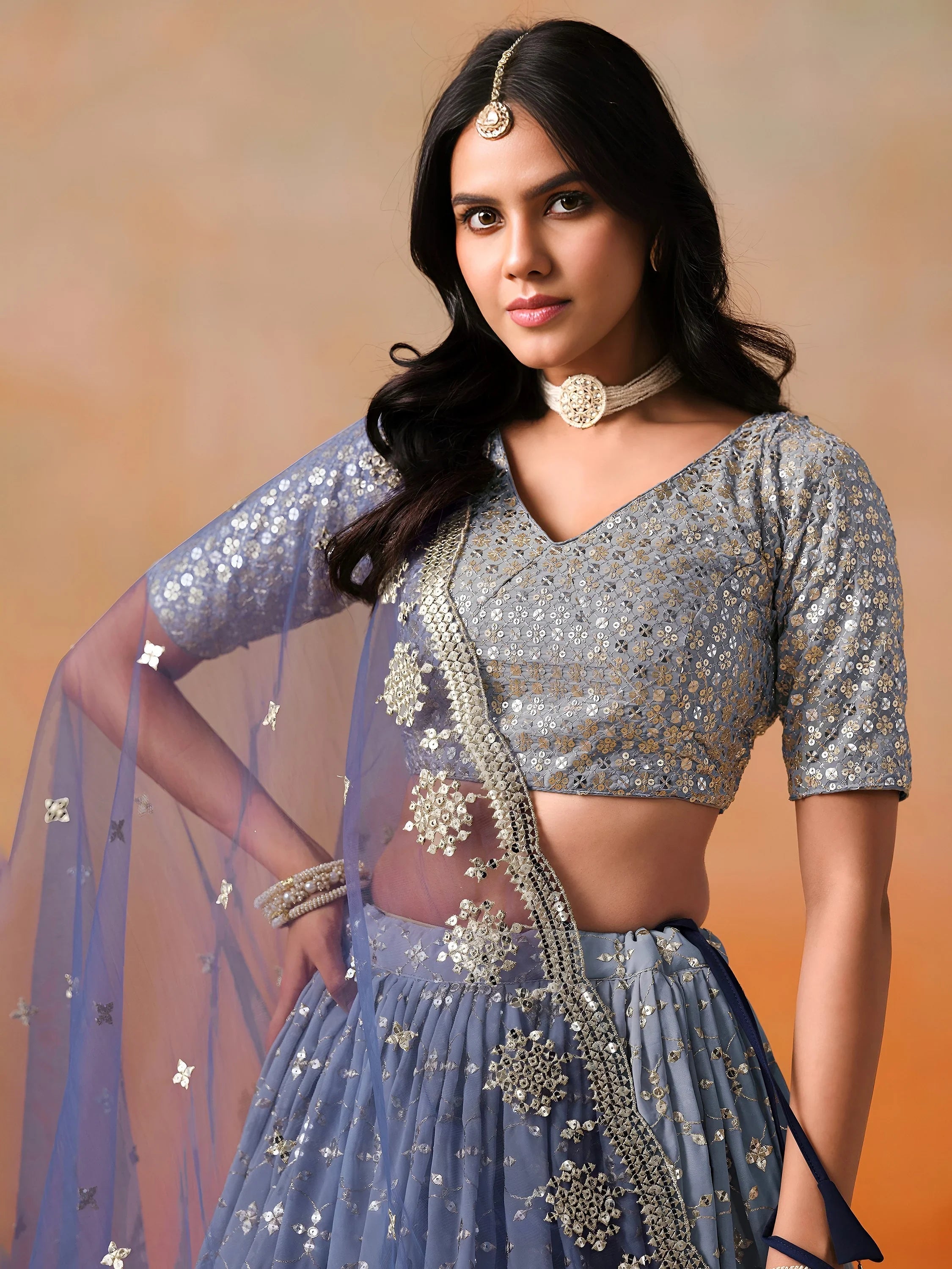 Embroidered georgette lehenga choli with sequins work for wedding and festive occasions