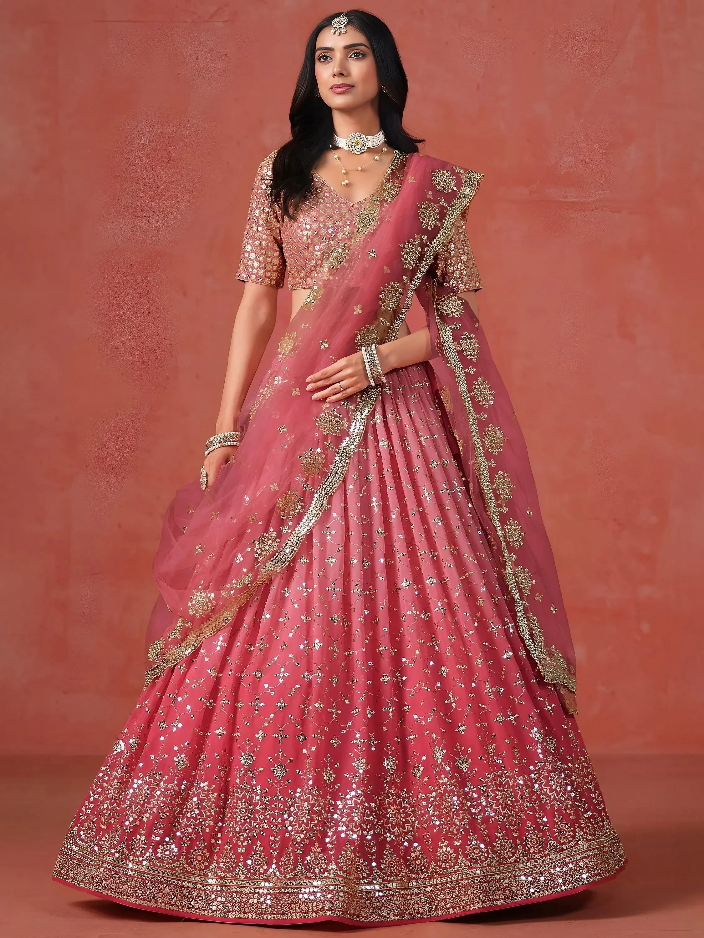 Embroidered georgette lehenga choli with sequins work for wedding and festive occasions