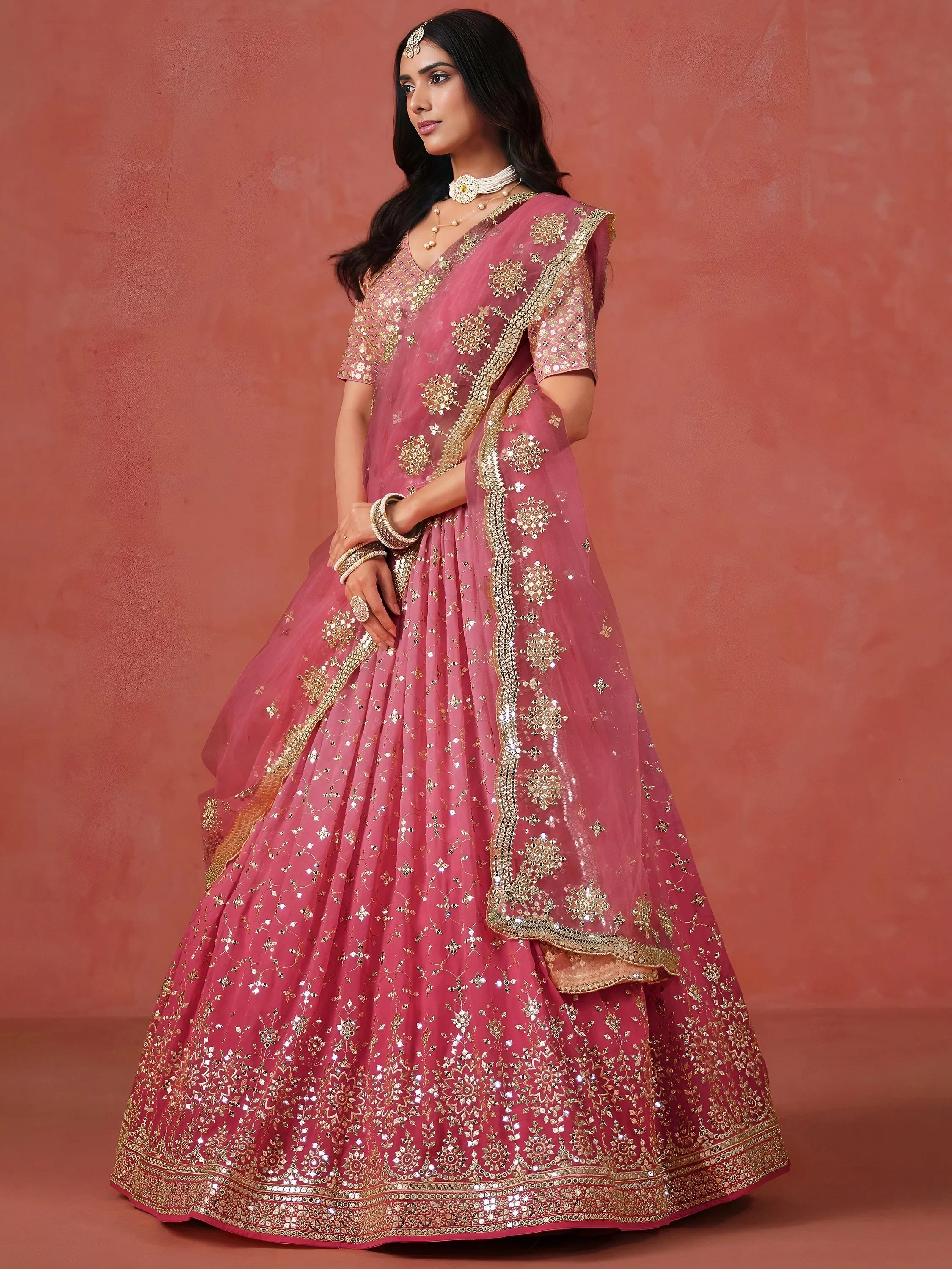 Embroidered georgette lehenga choli with sequins work for wedding and festive occasions