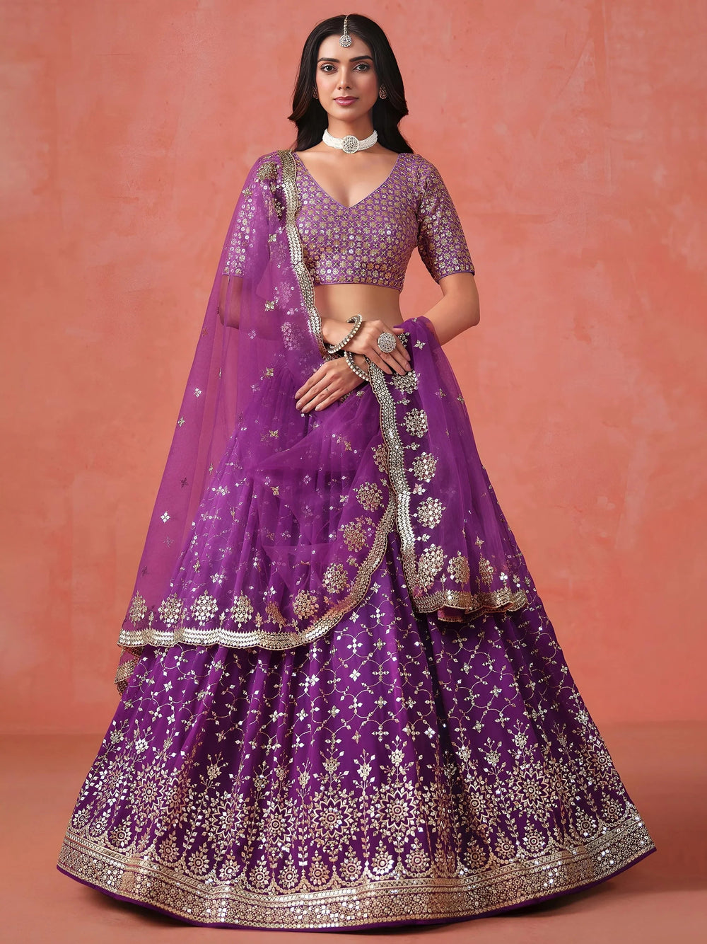 Embroidered georgette lehenga choli with sequins work for wedding and festive occasions