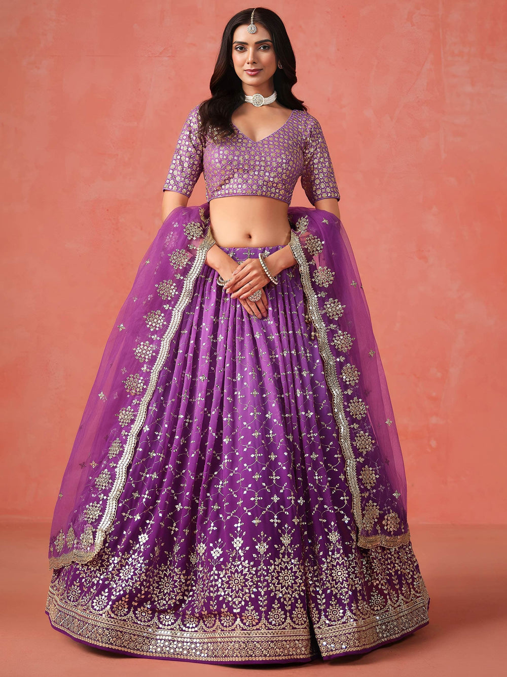 Embroidered georgette lehenga choli with sequins work for wedding and festive occasions