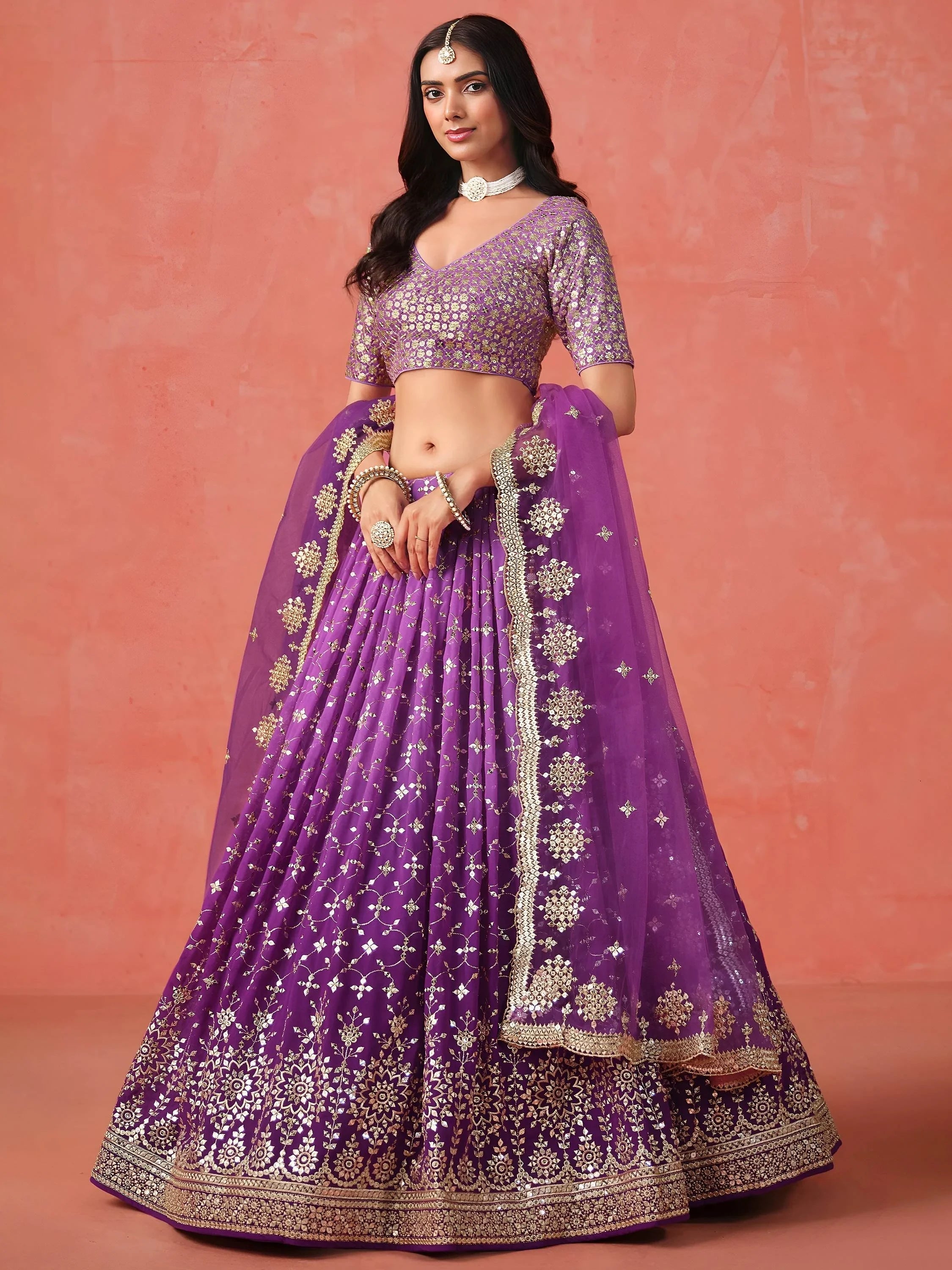Embroidered georgette lehenga choli with sequins work for wedding and festive occasions