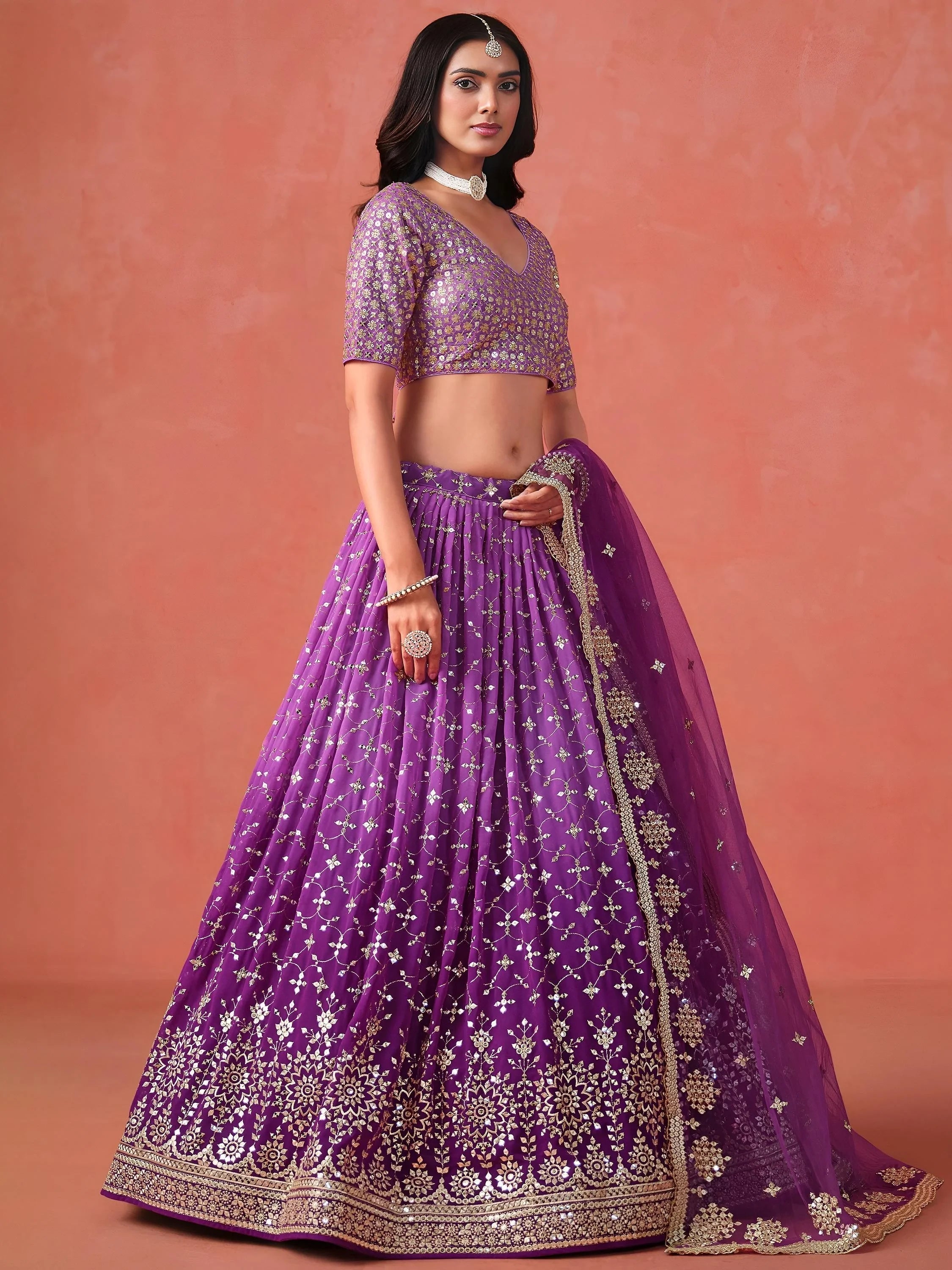 Embroidered georgette lehenga choli with sequins work for wedding and festive occasions