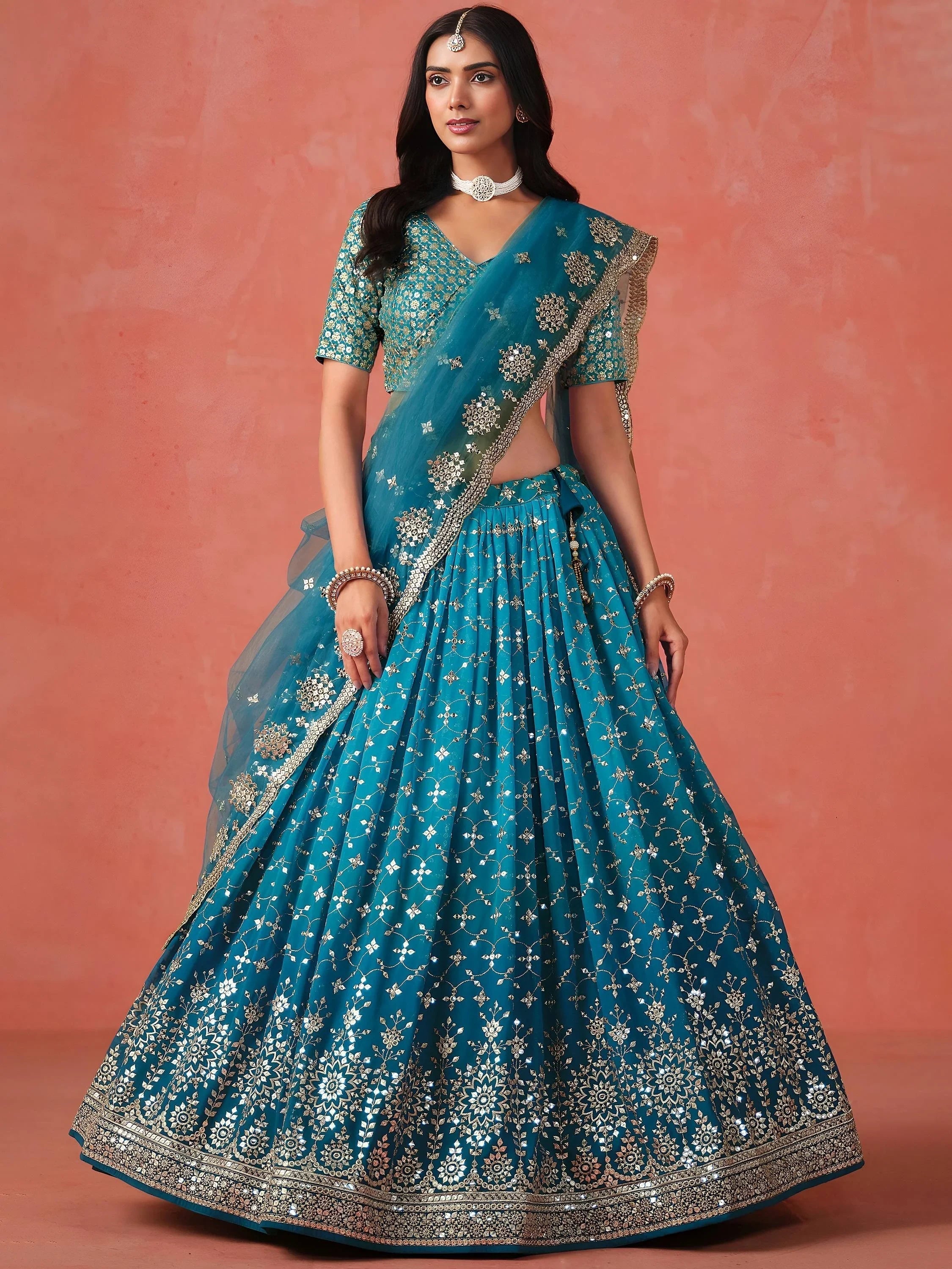 Embroidered georgette lehenga choli with sequins work for wedding and festive occasions