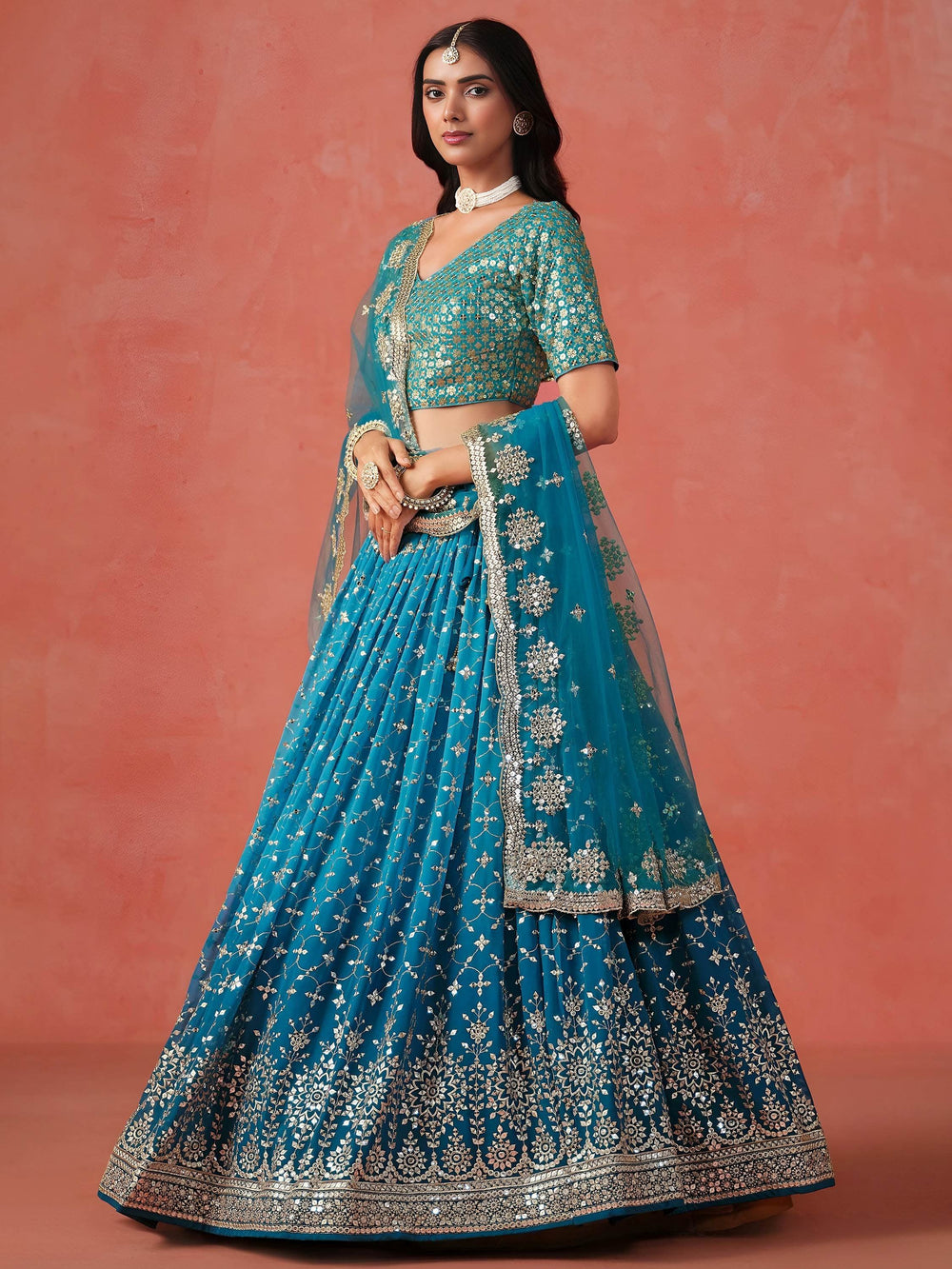 Embroidered georgette lehenga choli with sequins work for wedding and festive occasions