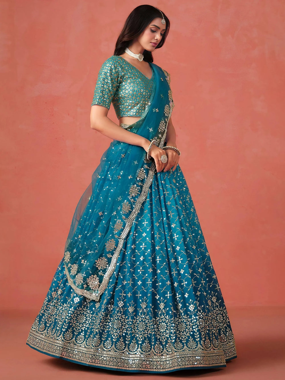 Embroidered georgette lehenga choli with sequins work for wedding and festive occasions